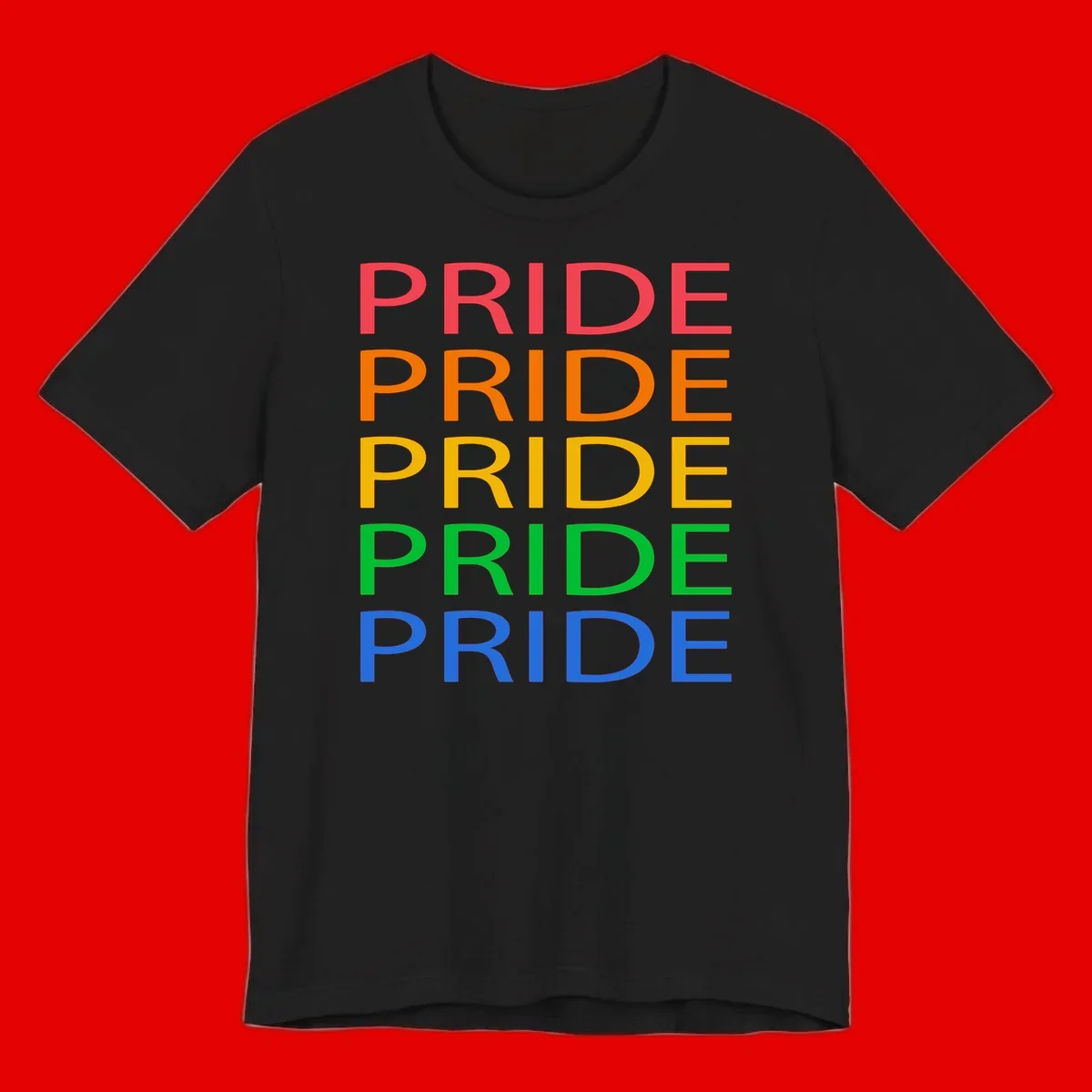 Rainbow pride repeating text design with the word PRIDE stacked five times in red, orange, yellow, green, and blue colors on gray background