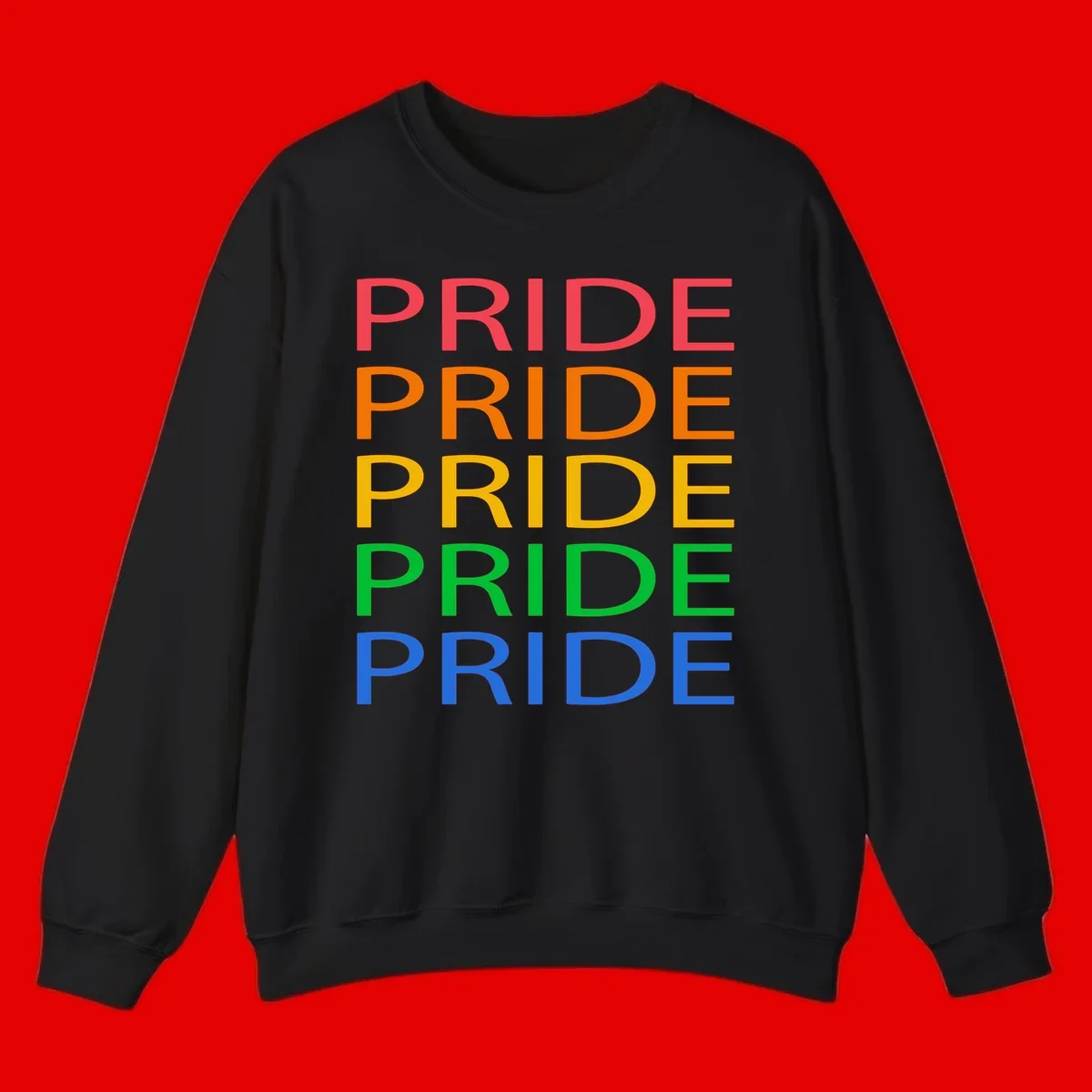 Rainbow pride repeating text design with the word PRIDE stacked five times in red, orange, yellow, green, and blue colors on gray background