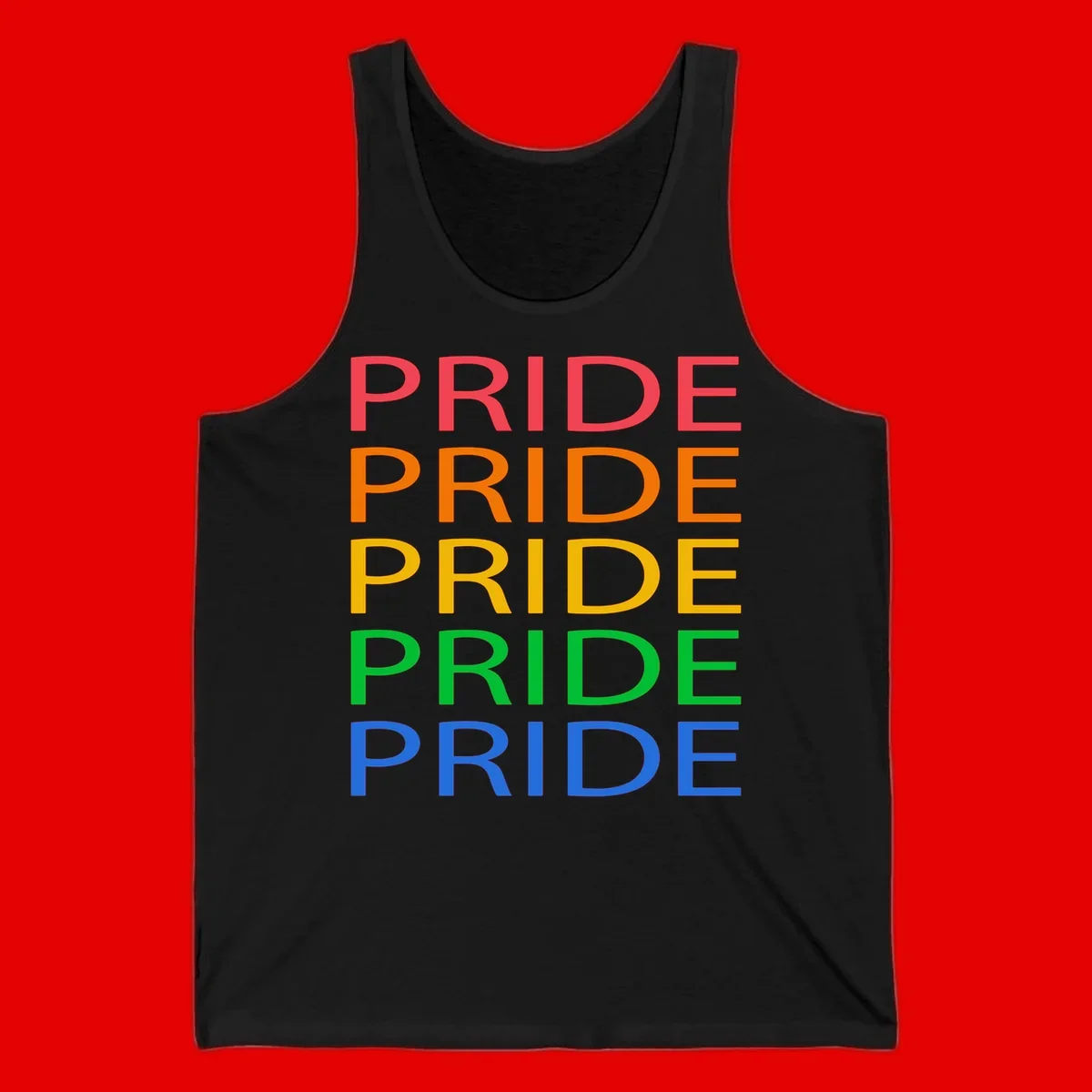 Rainbow pride repeating text design with the word PRIDE stacked five times in red, orange, yellow, green, and blue colors on gray background