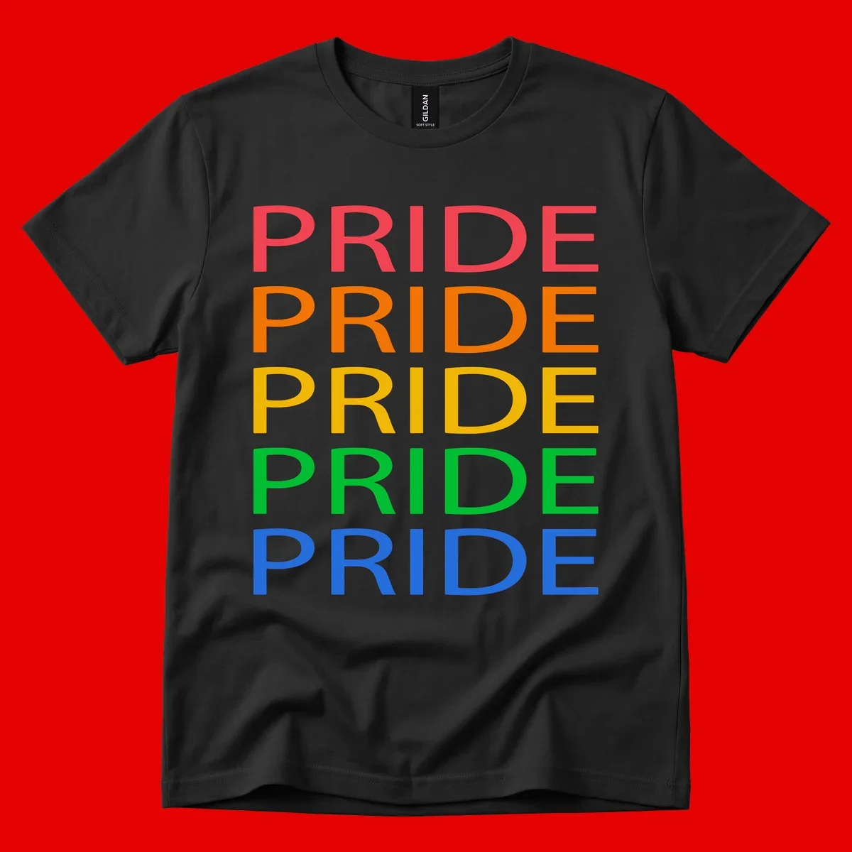 Rainbow pride repeating text design with the word PRIDE stacked five times in red, orange, yellow, green, and blue colors on gray background