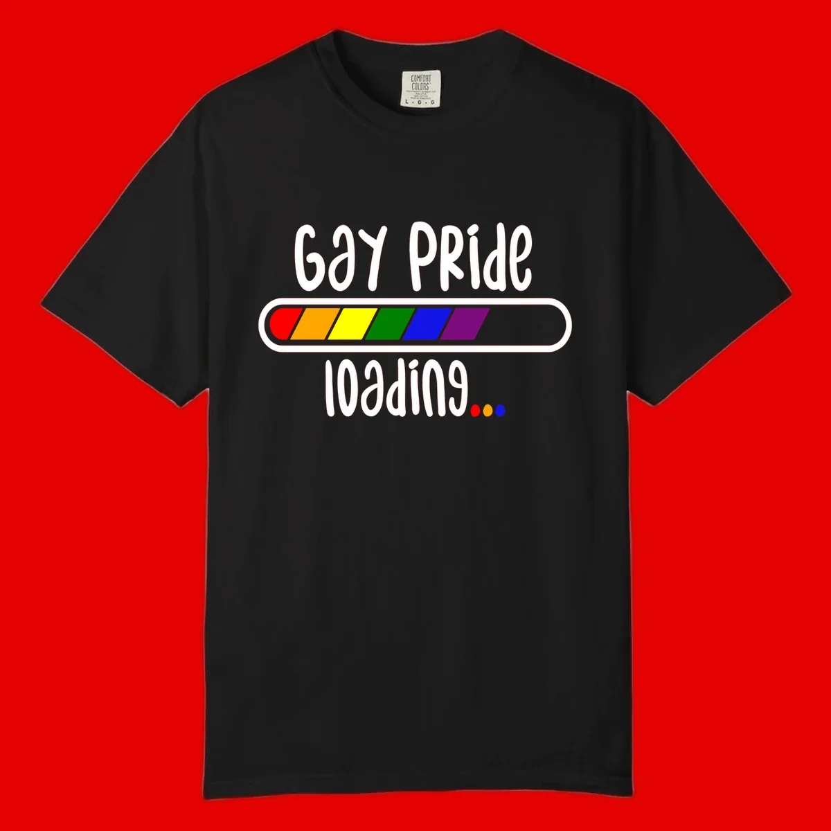 Gay pride loading bar design with rainbow progress indicator and loading text on gray background