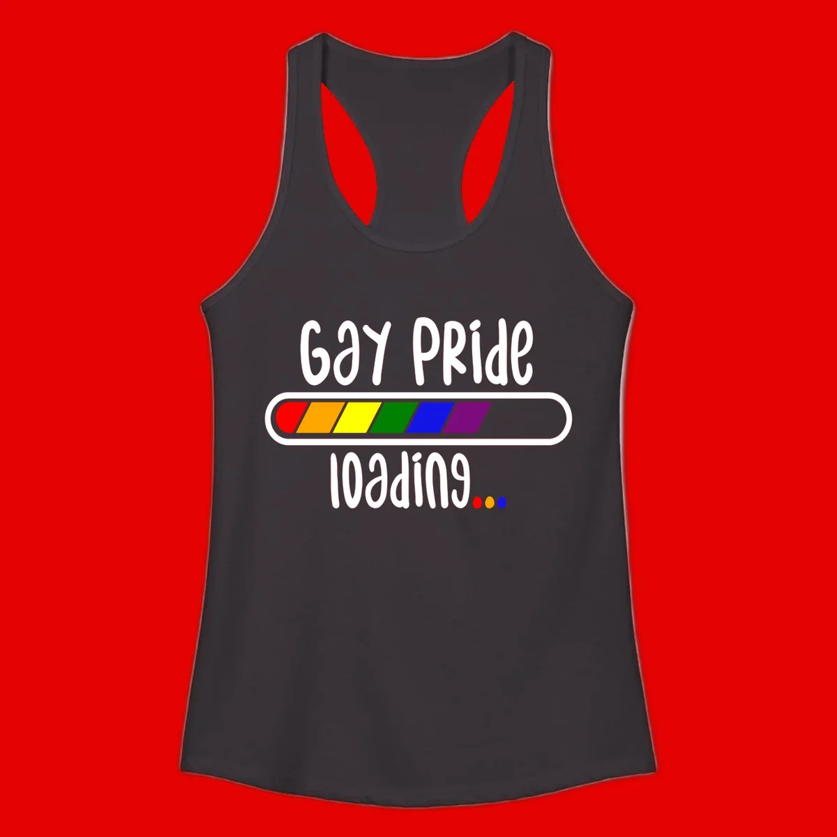 Gay pride loading bar design with rainbow progress indicator and loading text on gray background