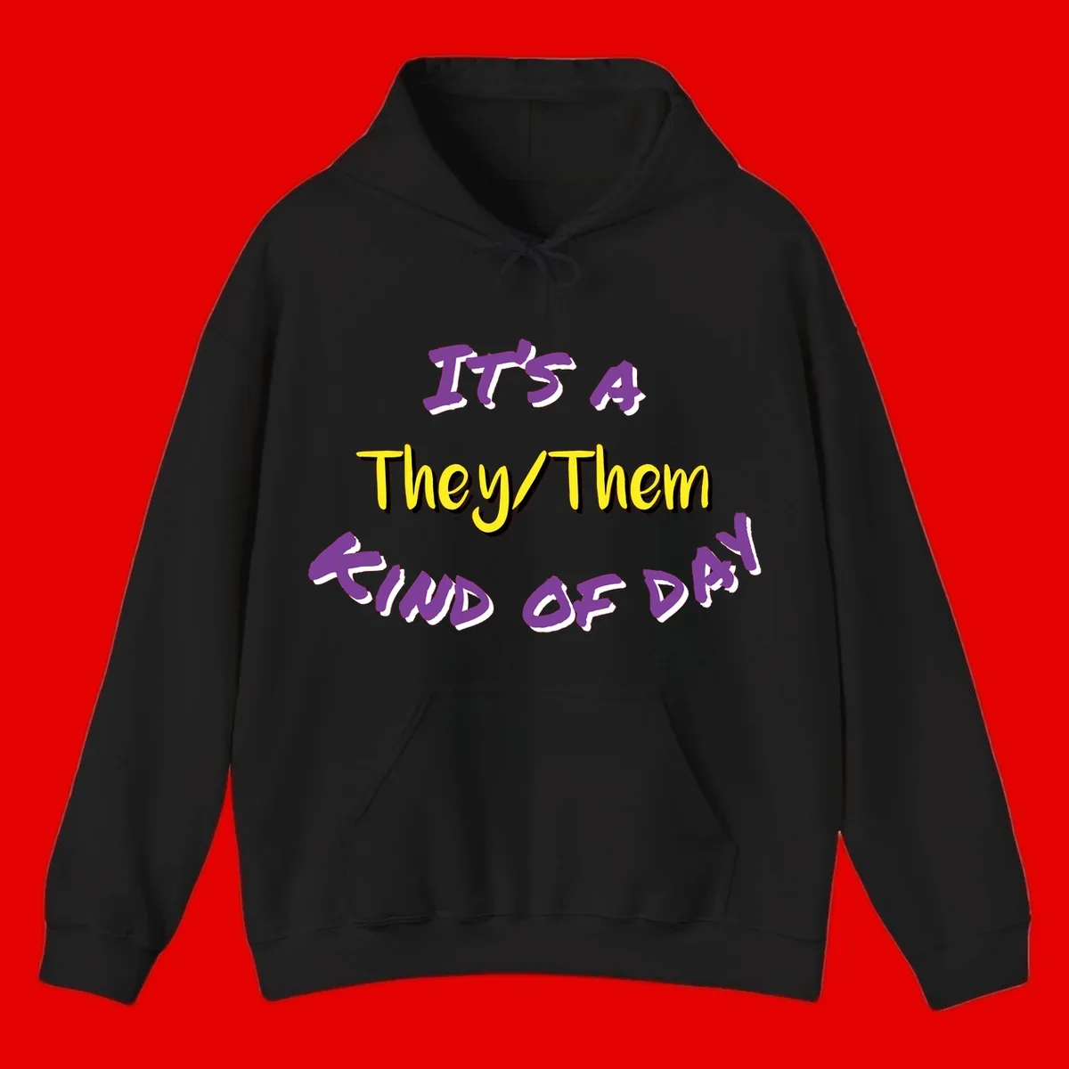 Bold purple and yellow text reading 'It's A They/Them Study of Pride' on gray background, celebrating pronoun inclusivity and LGBTQ+ pride.