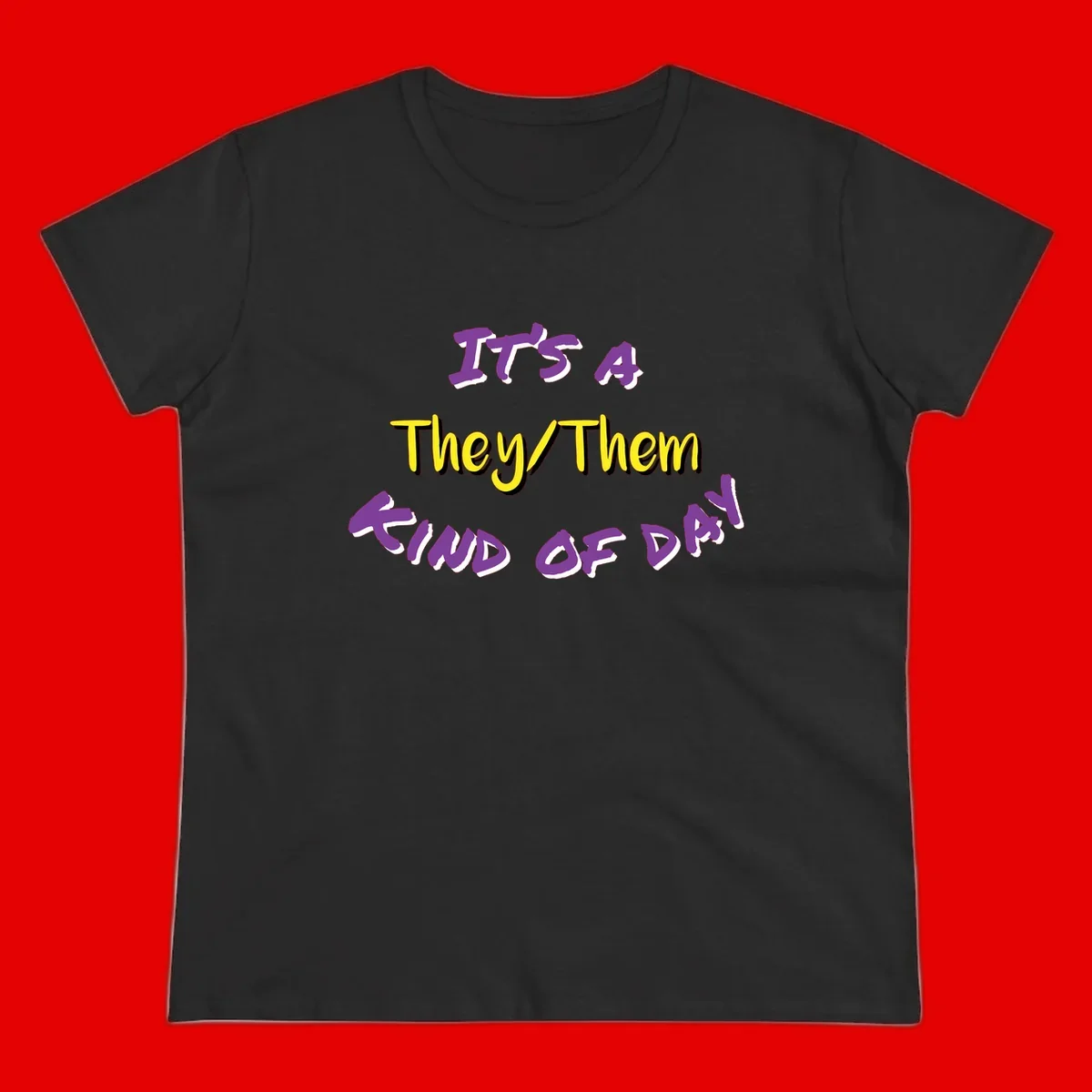 Bold purple and yellow text reading 'It's A They/Them Study of Pride' on gray background, celebrating pronoun inclusivity and LGBTQ+ pride.