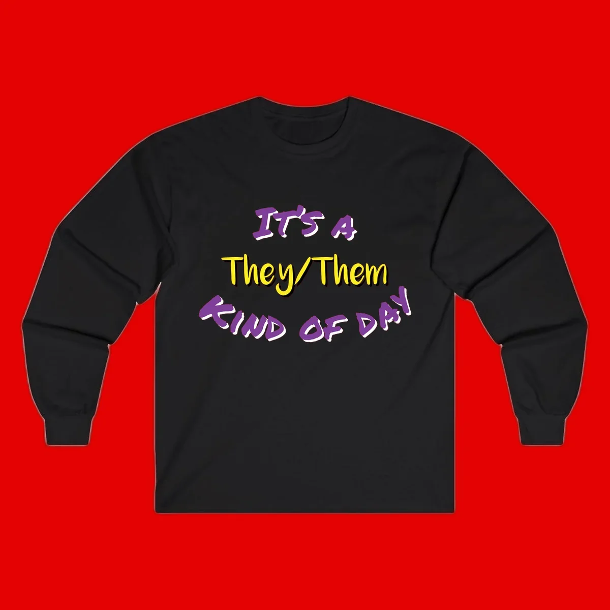 Bold purple and yellow text reading 'It's A They/Them Study of Pride' on gray background, celebrating pronoun inclusivity and LGBTQ+ pride.