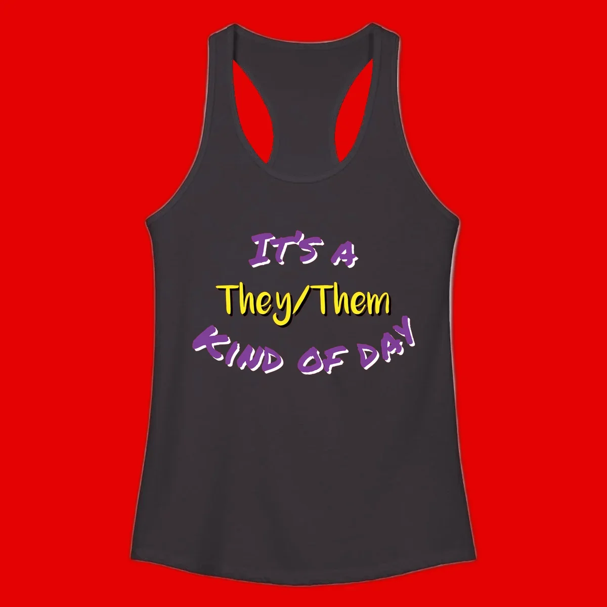 Bold purple and yellow text reading 'It's A They/Them Study of Pride' on gray background, celebrating pronoun inclusivity and LGBTQ+ pride.