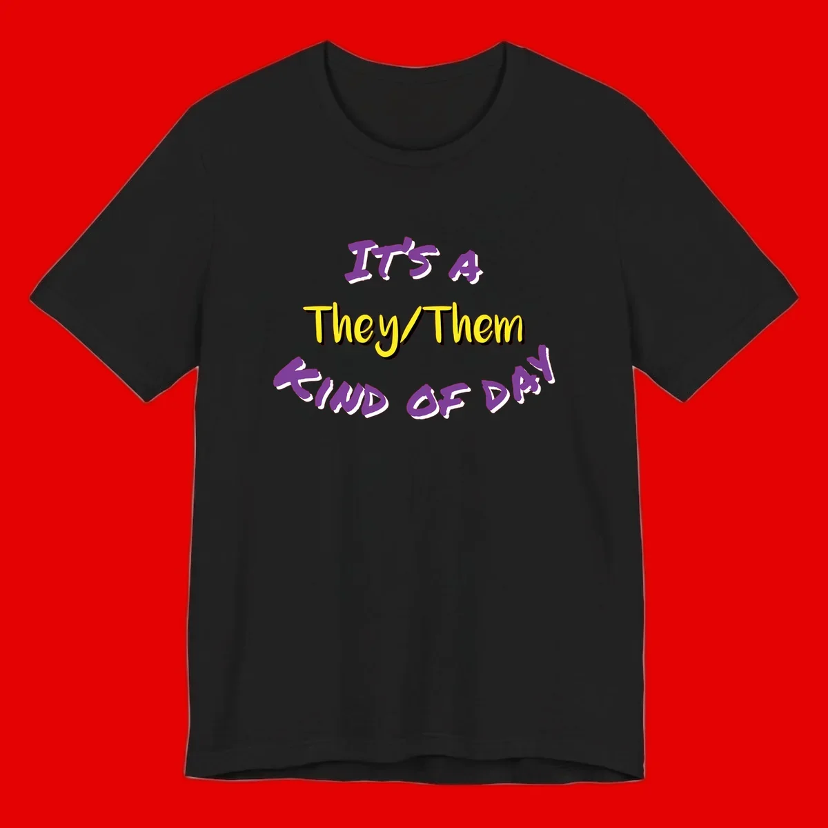 Bold purple and yellow text reading 'It's A They/Them Study of Pride' on gray background, celebrating pronoun inclusivity and LGBTQ+ pride.