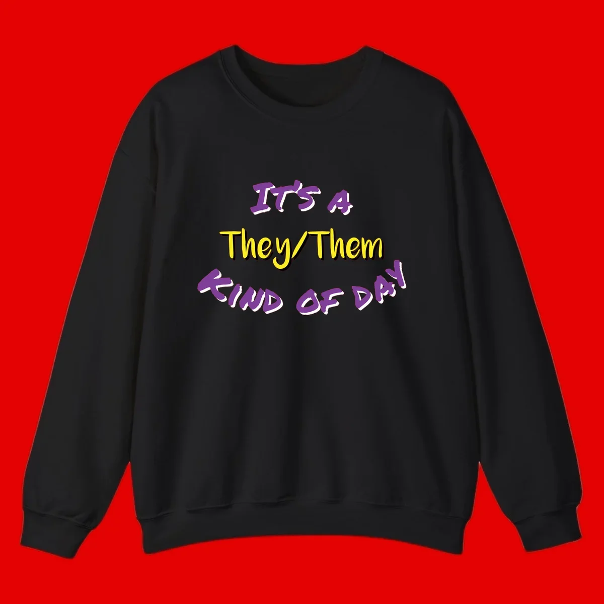 Bold purple and yellow text reading 'It's A They/Them Study of Pride' on gray background, celebrating pronoun inclusivity and LGBTQ+ pride.