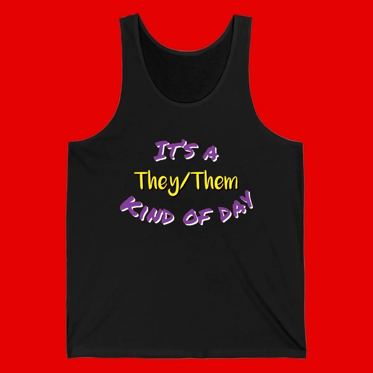 Bold purple and yellow text reading 'It's A They/Them Study of Pride' on gray background, celebrating pronoun inclusivity and LGBTQ+ pride.