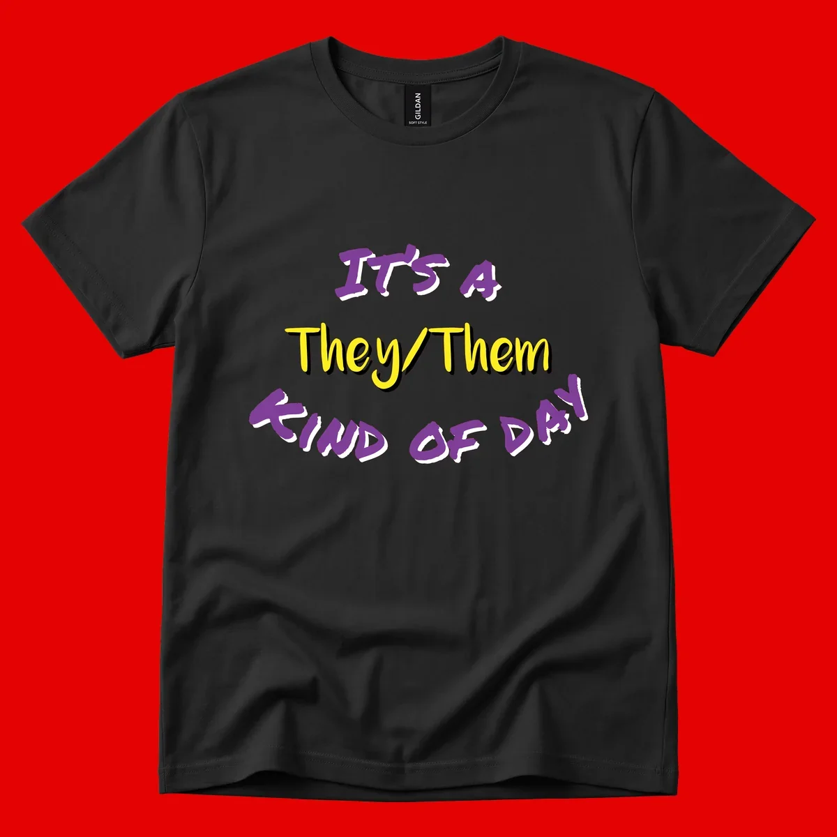 Bold purple and yellow text reading 'It's A They/Them Study of Pride' on gray background, celebrating pronoun inclusivity and LGBTQ+ pride.