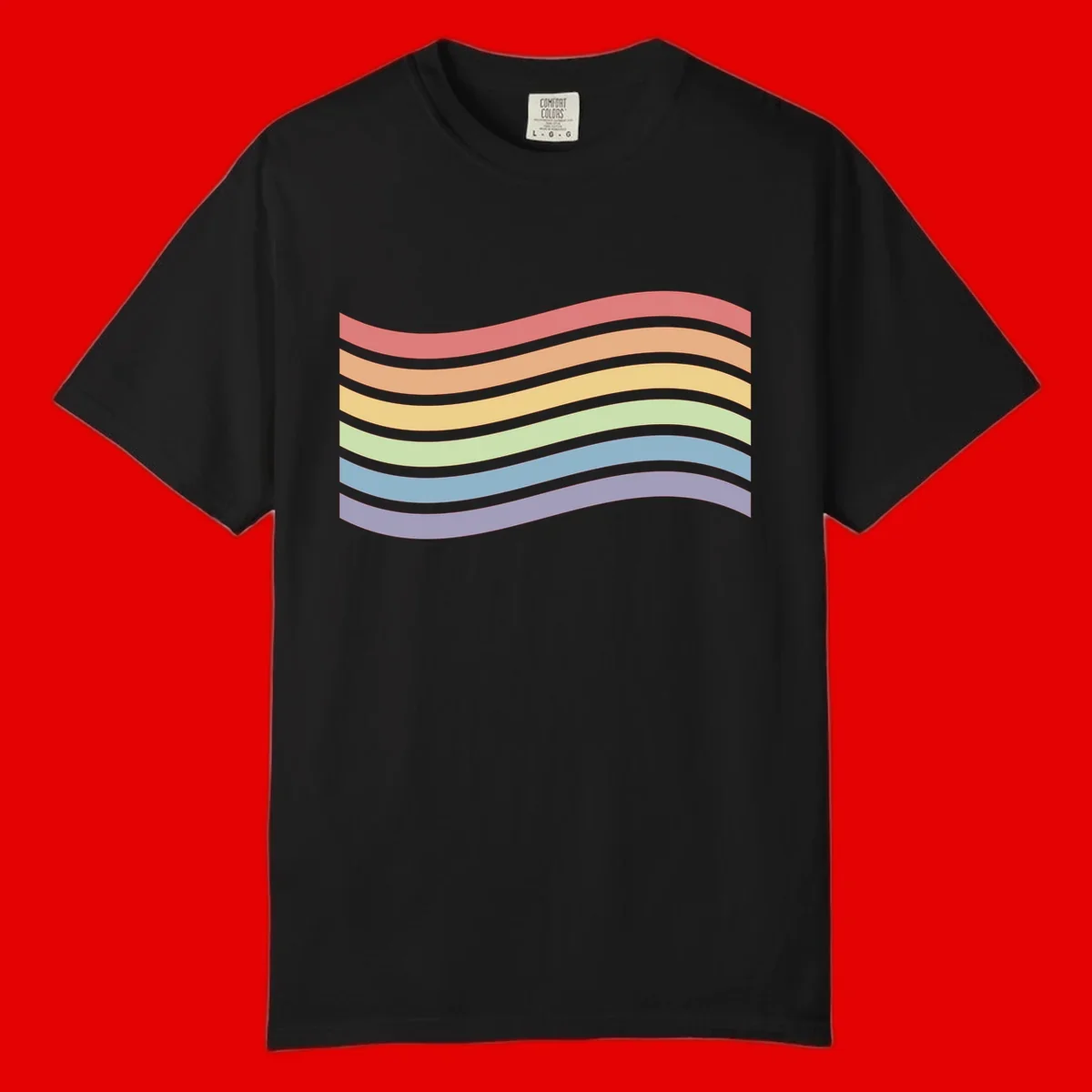 Seven horizontal wavy stripes in rainbow colors separated by gray bands, creating flowing waves against a gray background