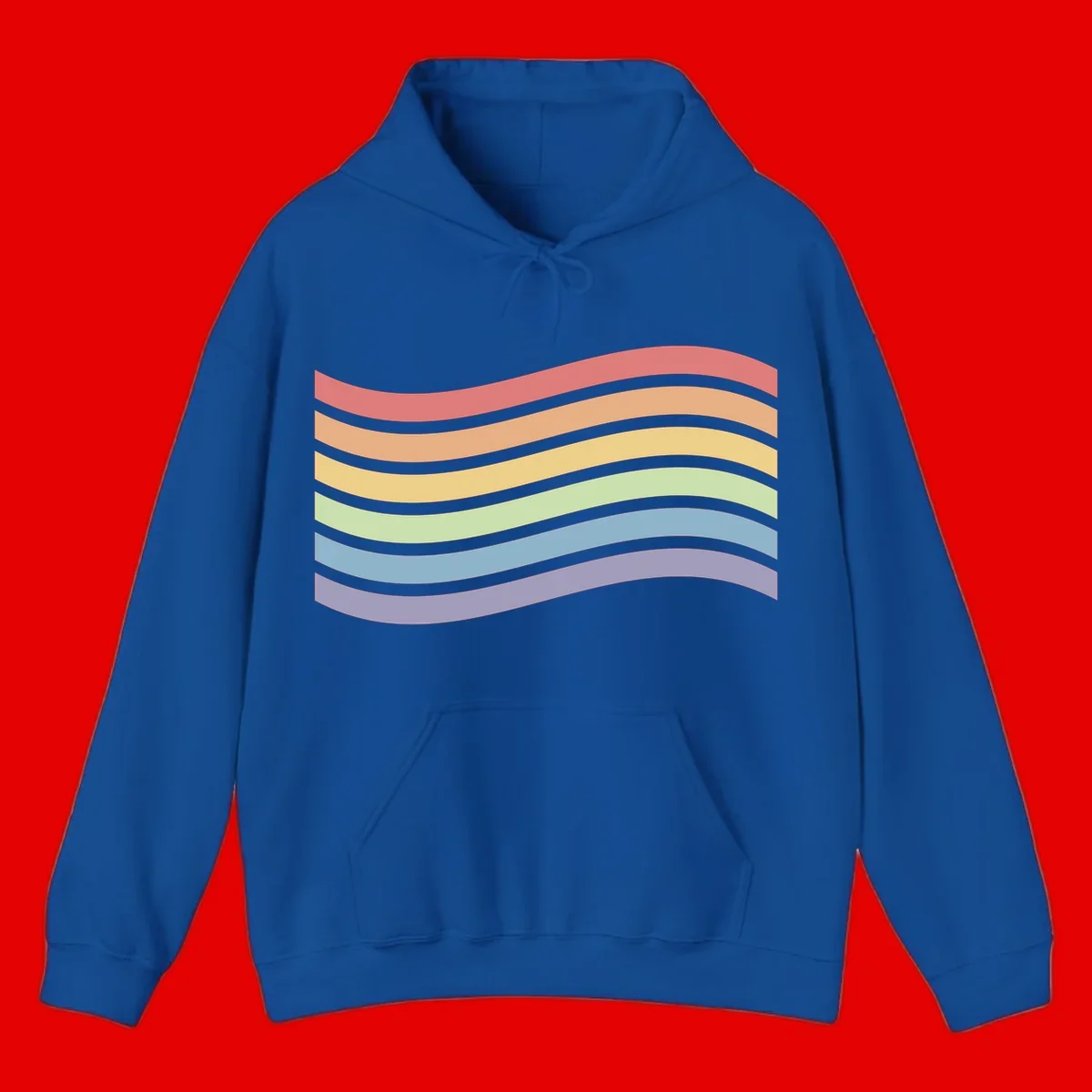 Seven horizontal wavy stripes in rainbow colors separated by gray bands, creating flowing waves against a gray background