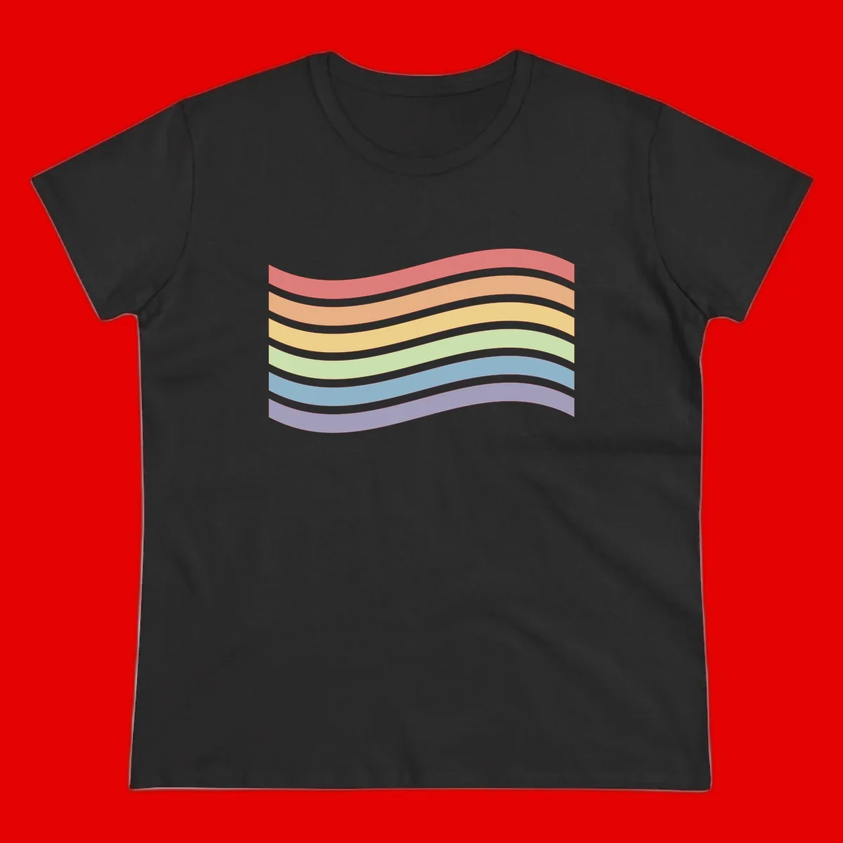 Seven horizontal wavy stripes in rainbow colors separated by gray bands, creating flowing waves against a gray background