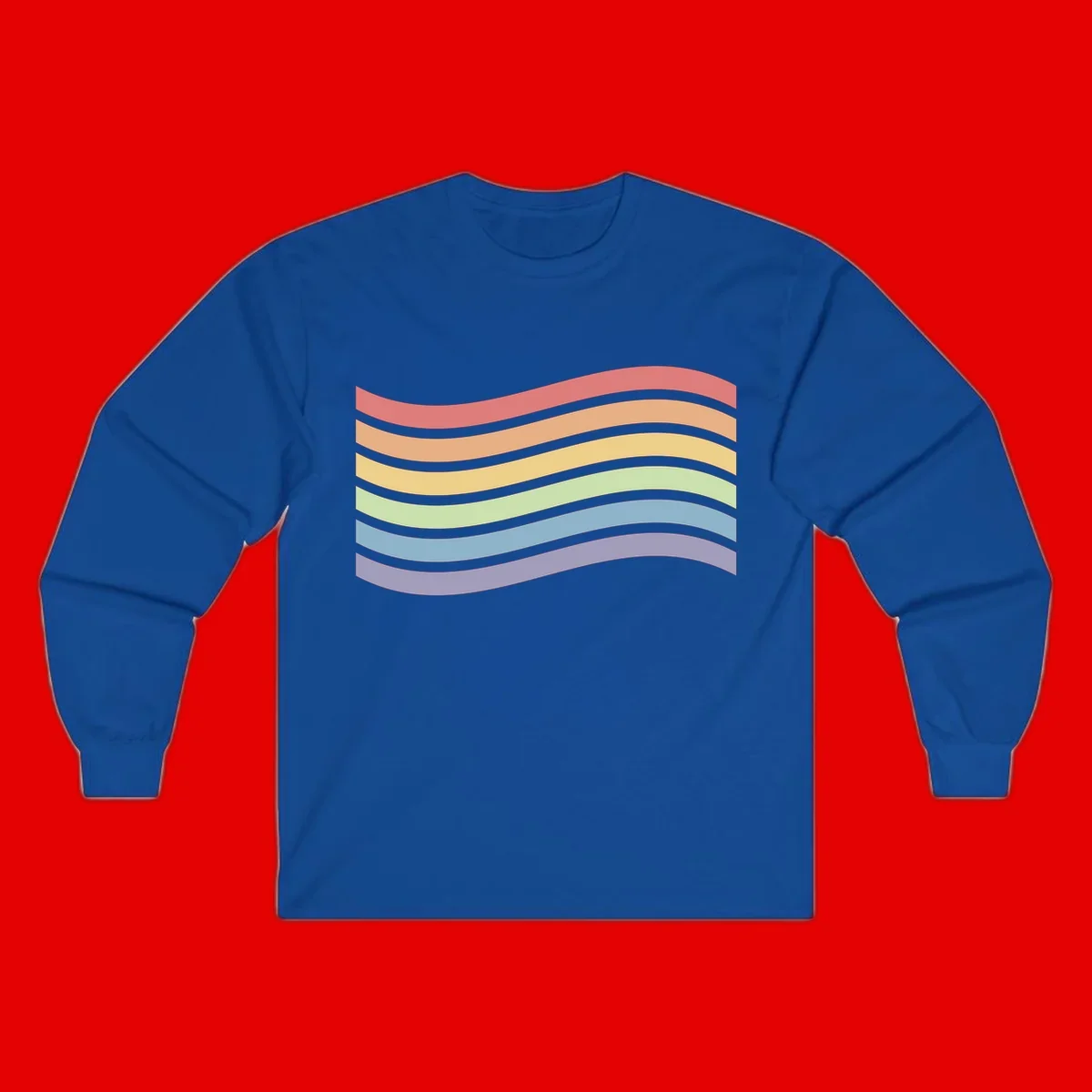 Seven horizontal wavy stripes in rainbow colors separated by gray bands, creating flowing waves against a gray background