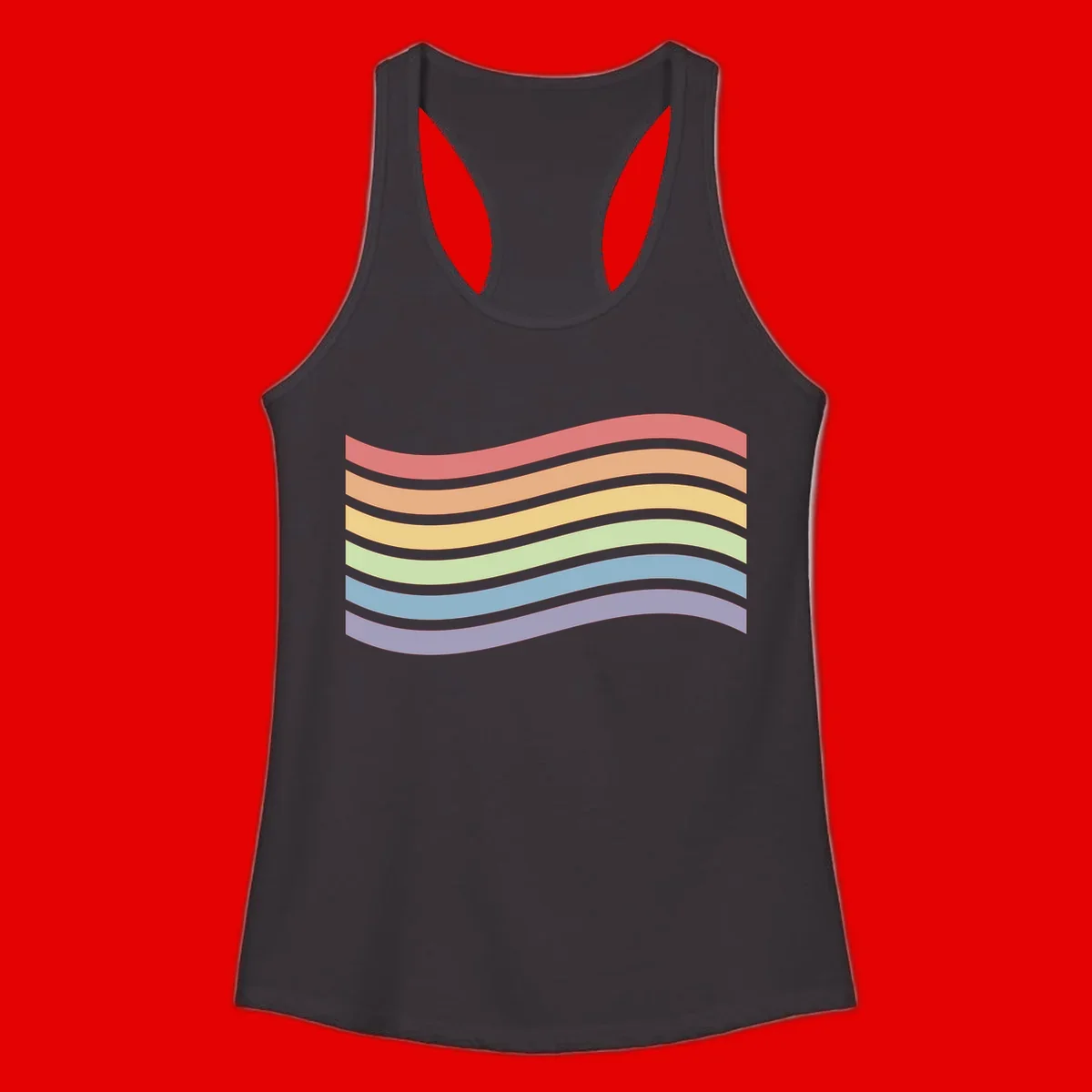 Seven horizontal wavy stripes in rainbow colors separated by gray bands, creating flowing waves against a gray background