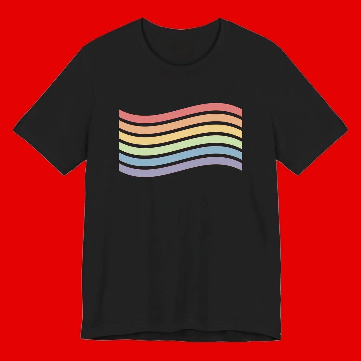 Seven horizontal wavy stripes in rainbow colors separated by gray bands, creating flowing waves against a gray background