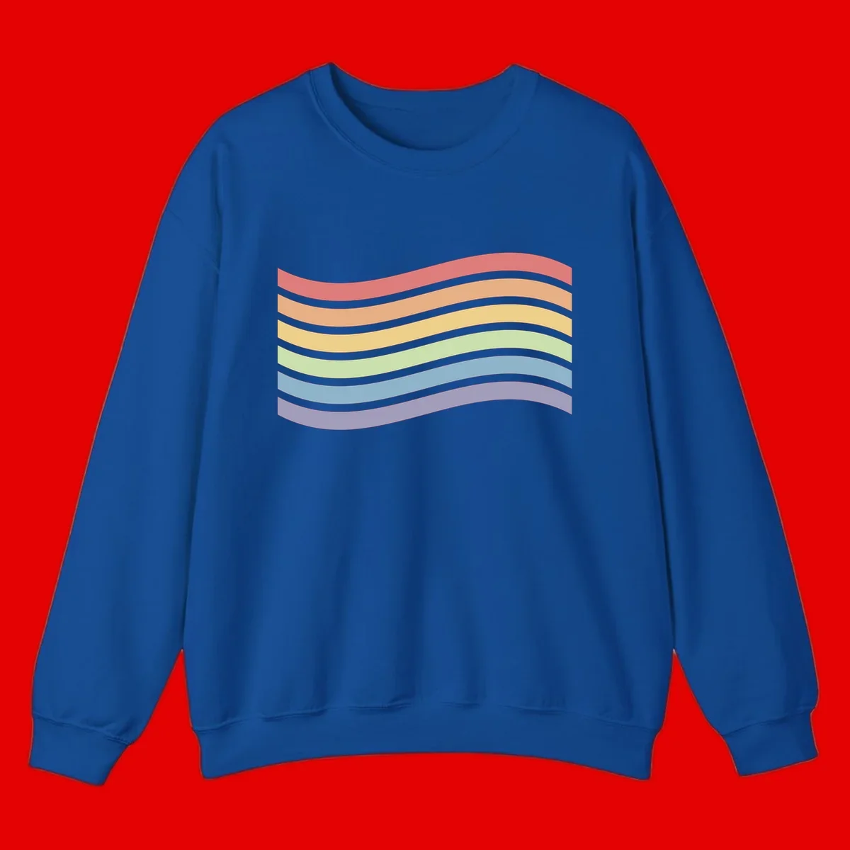Seven horizontal wavy stripes in rainbow colors separated by gray bands, creating flowing waves against a gray background