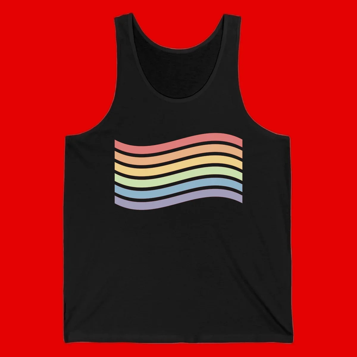 Seven horizontal wavy stripes in rainbow colors separated by gray bands, creating flowing waves against a gray background