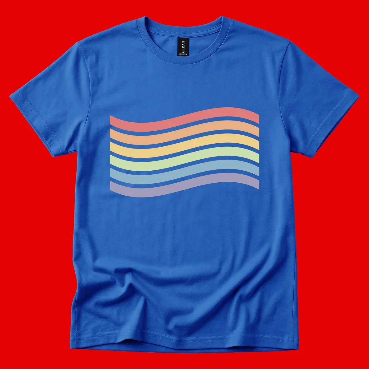 Seven horizontal wavy stripes in rainbow colors separated by gray bands, creating flowing waves against a gray background