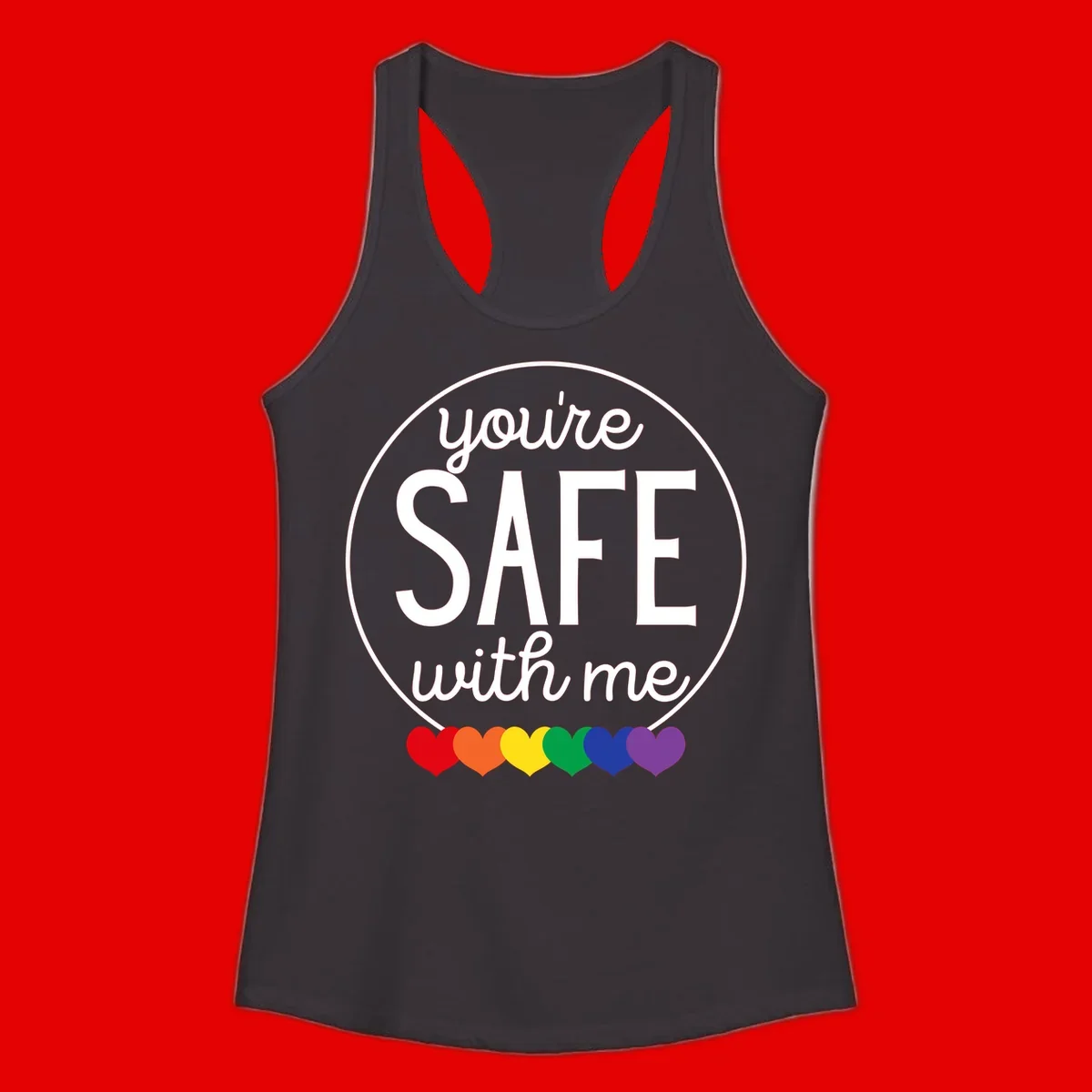 Circular badge with 'you're SAFE with me' text and rainbow pride hearts, promoting inclusive safe space message