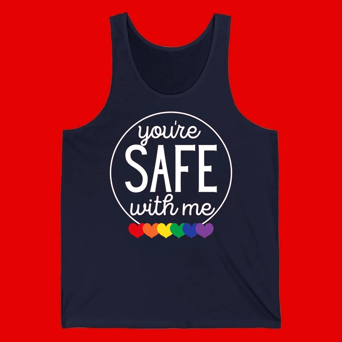 Circular badge with 'you're SAFE with me' text and rainbow pride hearts, promoting inclusive safe space message