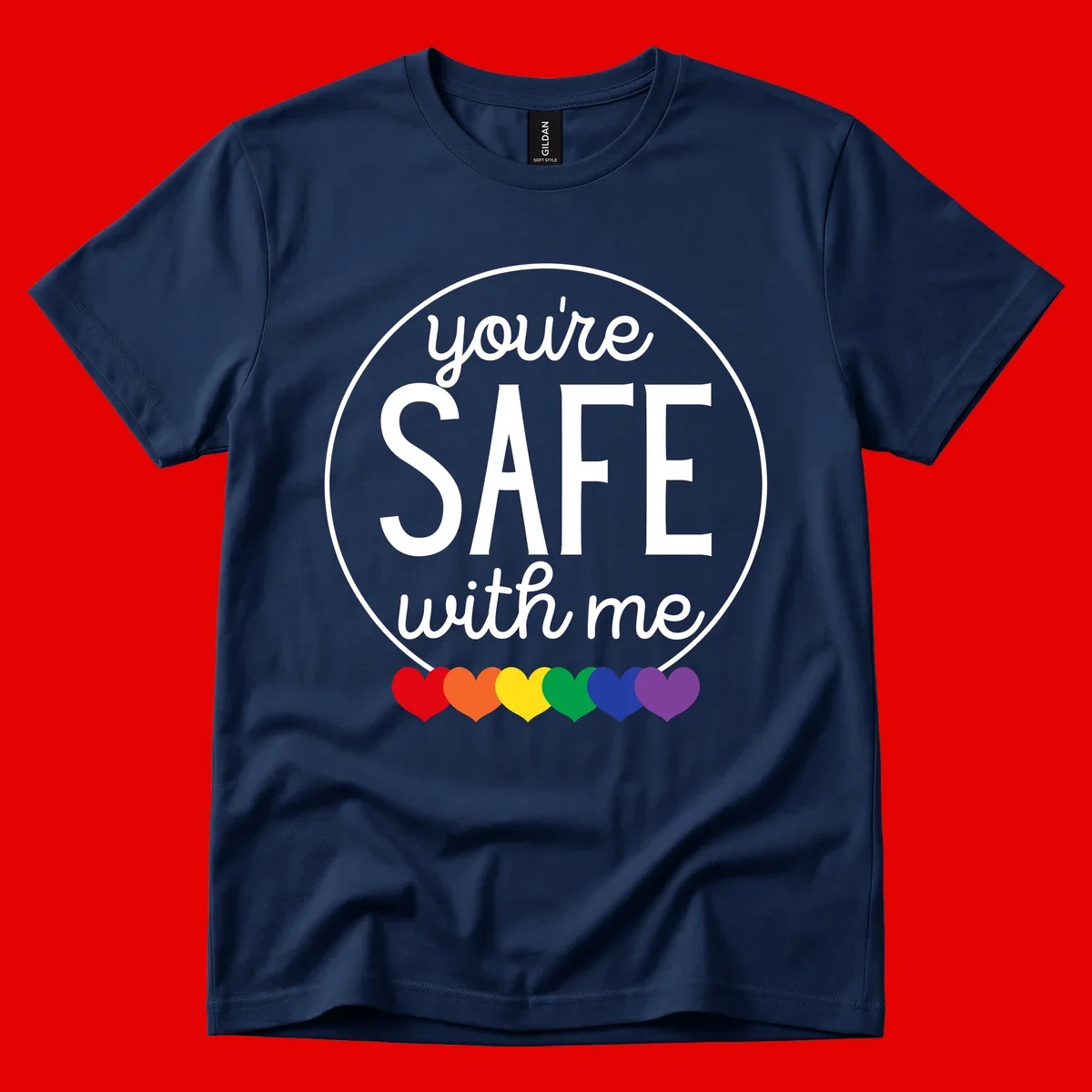 Circular badge with 'you're SAFE with me' text and rainbow pride hearts, promoting inclusive safe space message