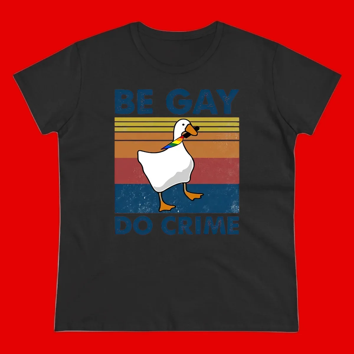 White duck with rainbow wing on retro striped background with 'Be Gay Do Crime' text, pride design
