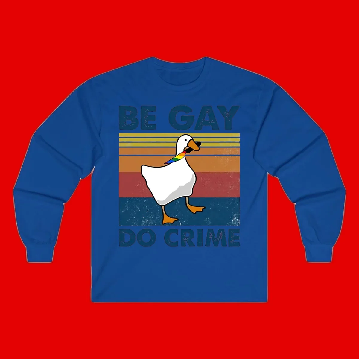 White duck with rainbow wing on retro striped background with 'Be Gay Do Crime' text, pride design