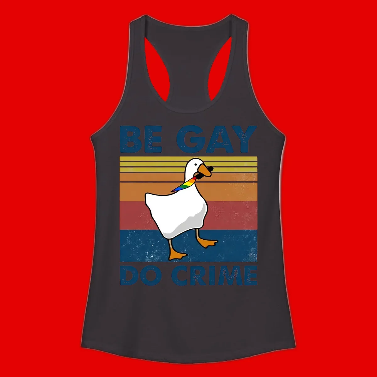 White duck with rainbow wing on retro striped background with 'Be Gay Do Crime' text, pride design