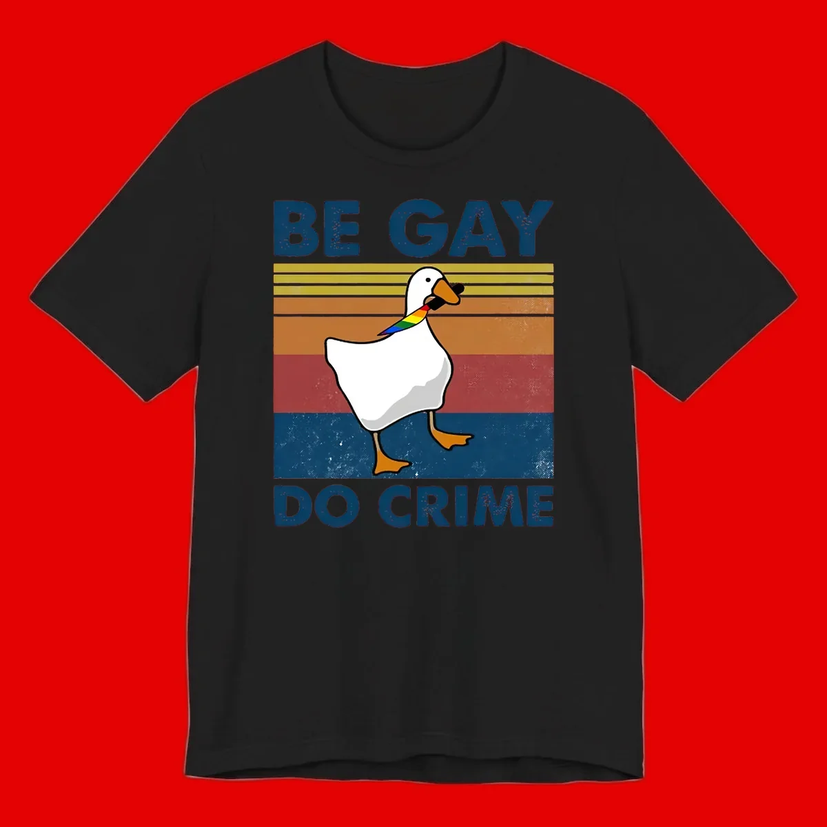White duck with rainbow wing on retro striped background with 'Be Gay Do Crime' text, pride design