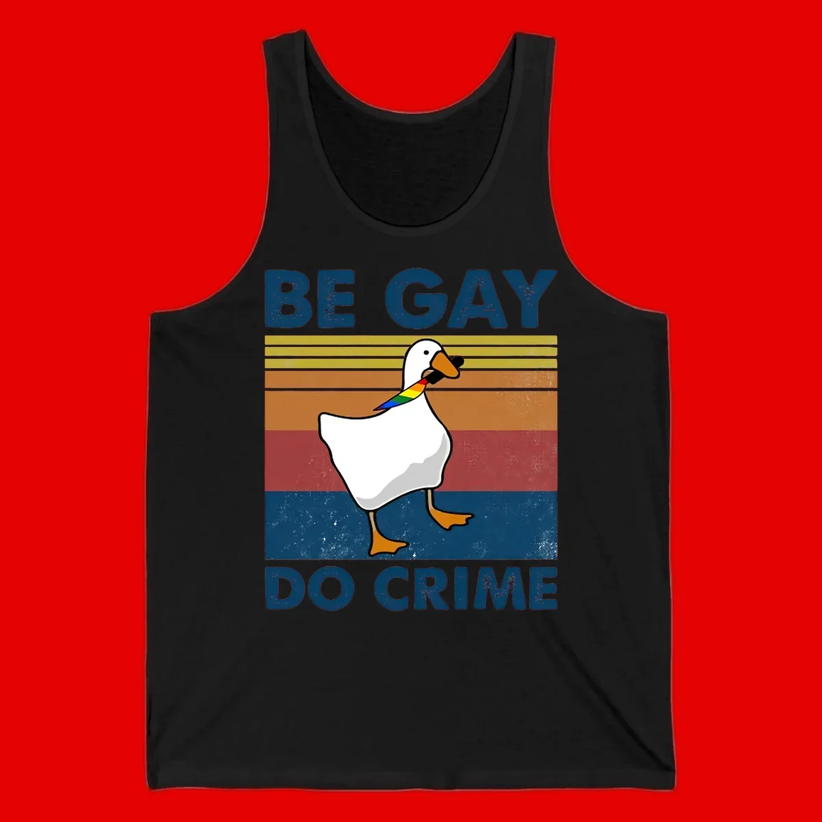White duck with rainbow wing on retro striped background with 'Be Gay Do Crime' text, pride design