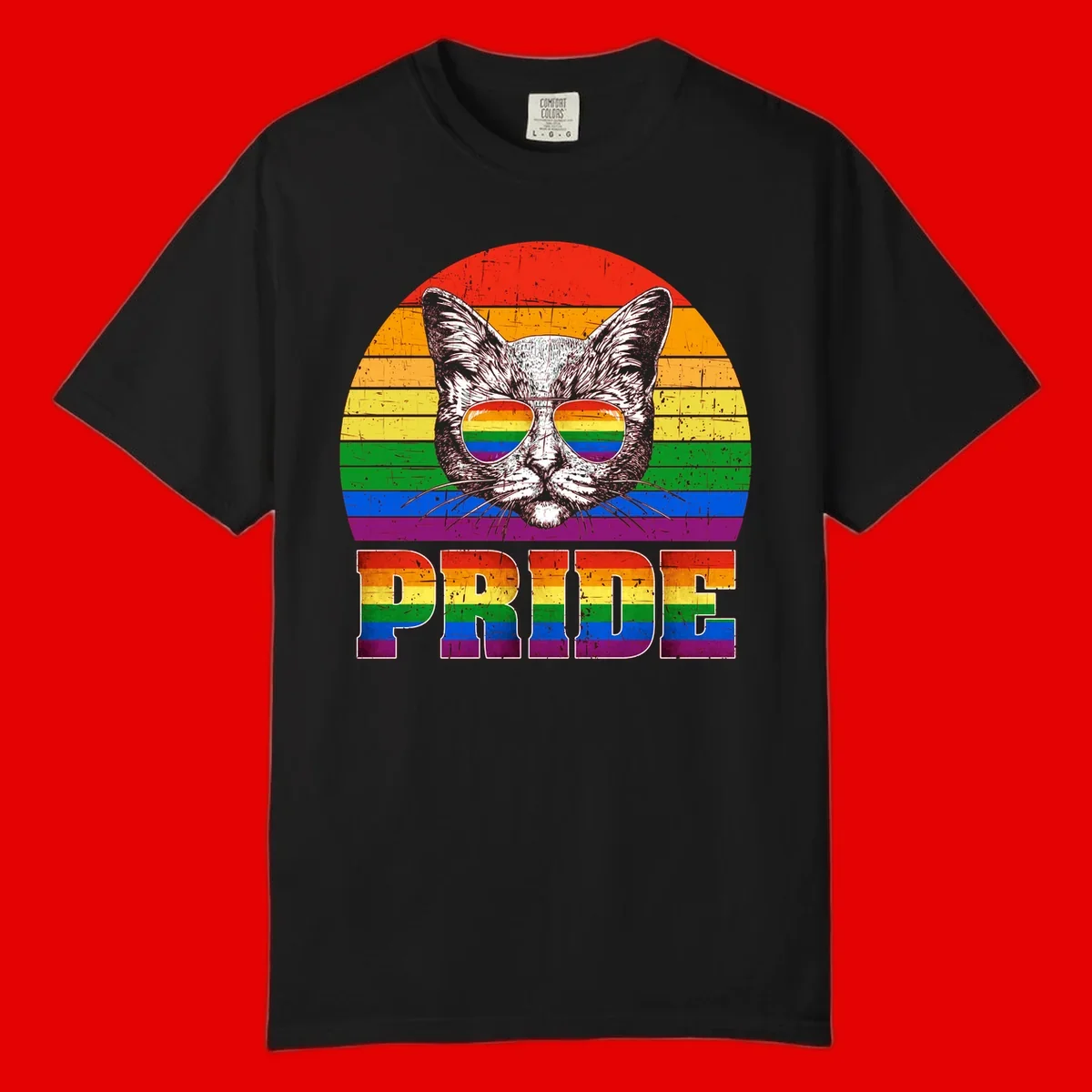 Illustration of a cool cat wearing rainbow-reflective sunglasses with the word PRIDE below, set against a rainbow striped background