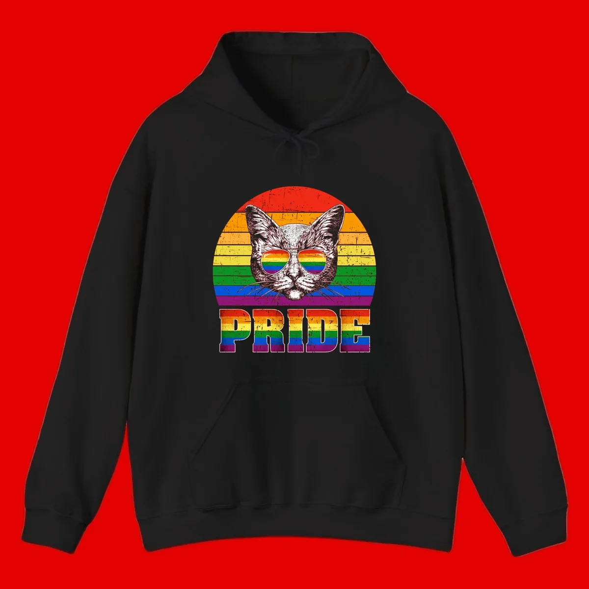 Illustration of a cool cat wearing rainbow-reflective sunglasses with the word PRIDE below, set against a rainbow striped background