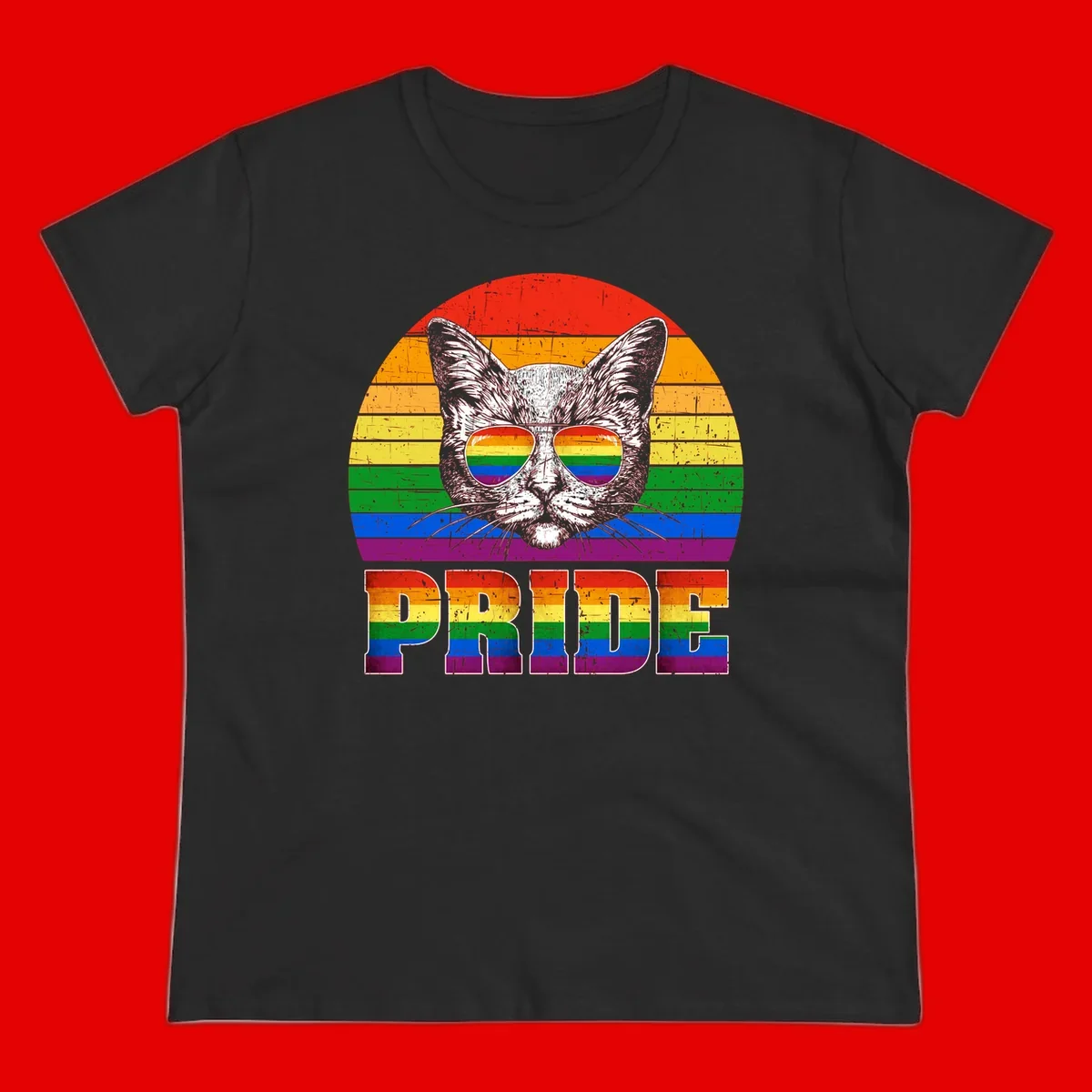 Illustration of a cool cat wearing rainbow-reflective sunglasses with the word PRIDE below, set against a rainbow striped background