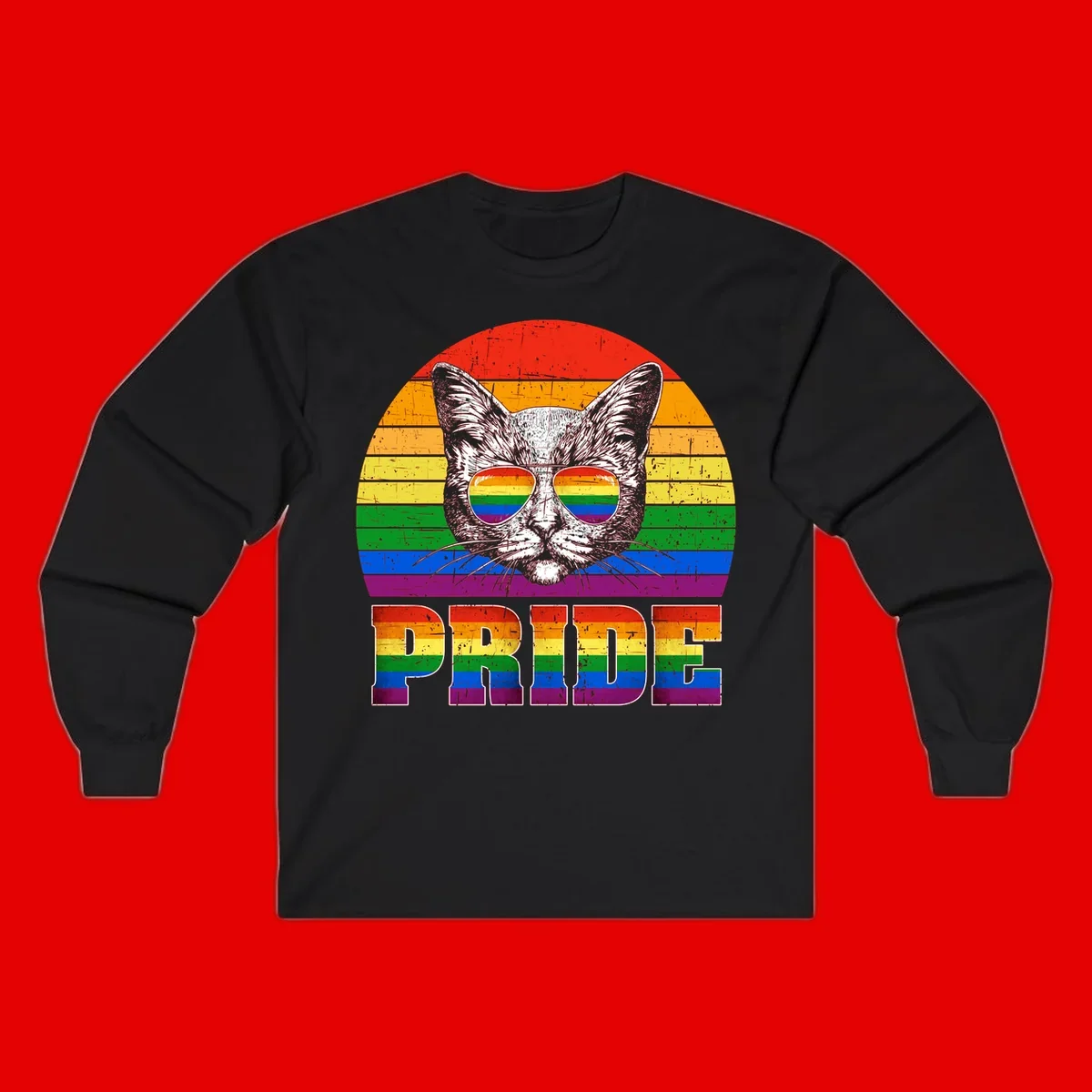 Illustration of a cool cat wearing rainbow-reflective sunglasses with the word PRIDE below, set against a rainbow striped background