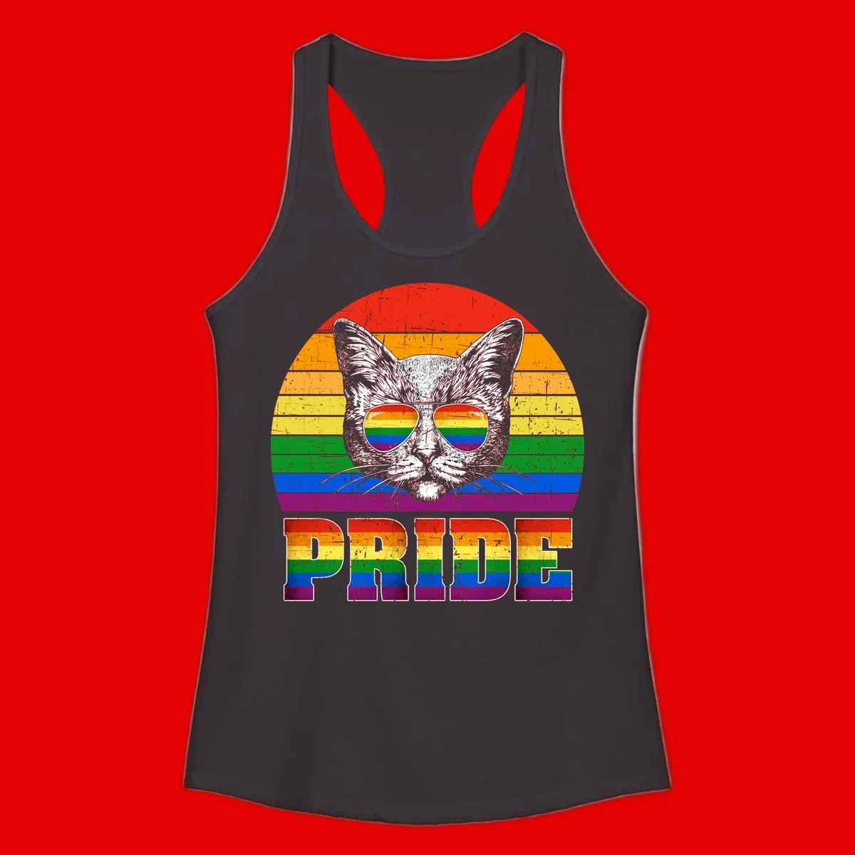Illustration of a cool cat wearing rainbow-reflective sunglasses with the word PRIDE below, set against a rainbow striped background