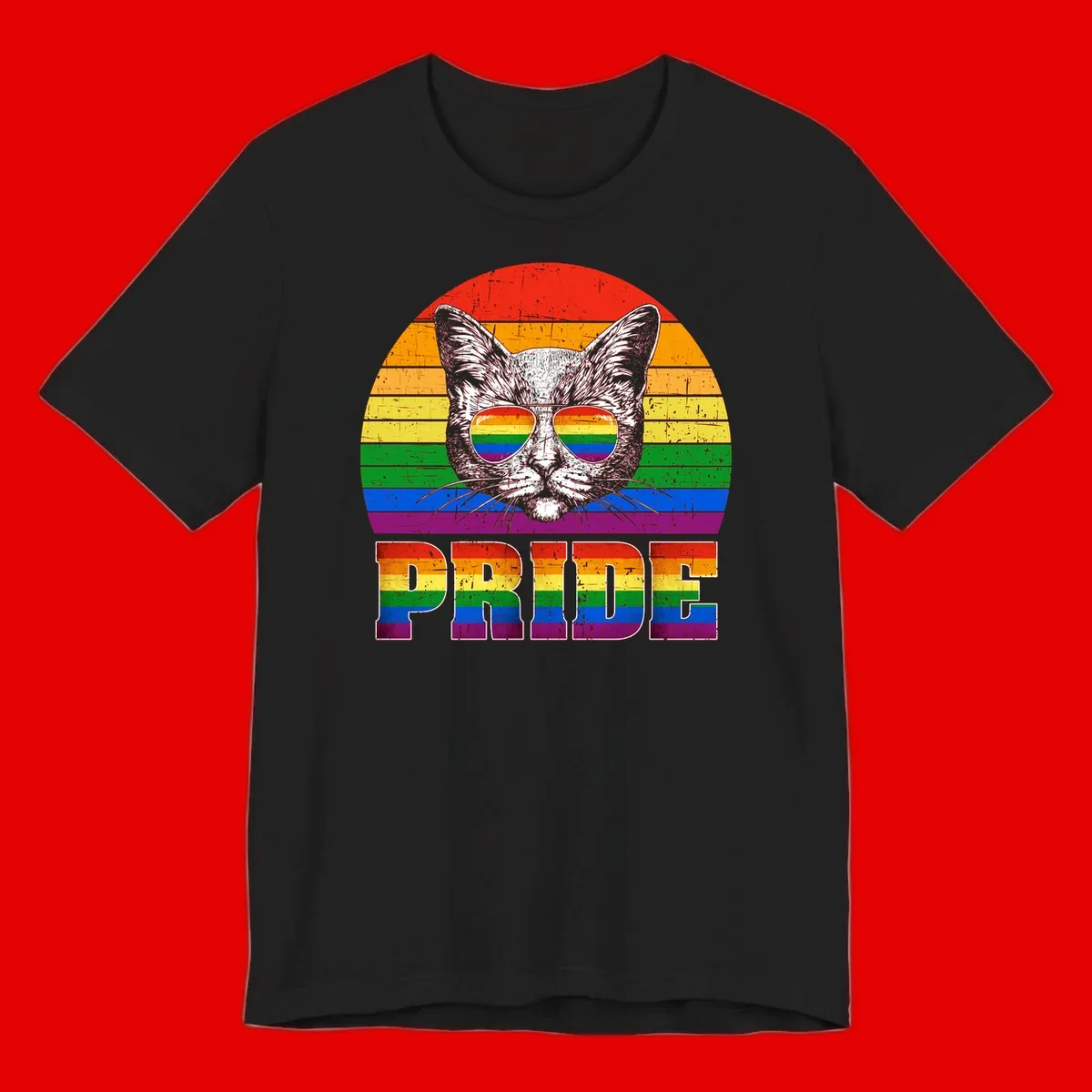 Illustration of a cool cat wearing rainbow-reflective sunglasses with the word PRIDE below, set against a rainbow striped background