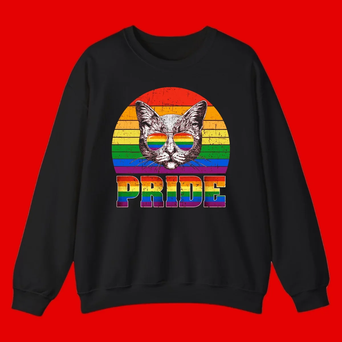 Illustration of a cool cat wearing rainbow-reflective sunglasses with the word PRIDE below, set against a rainbow striped background