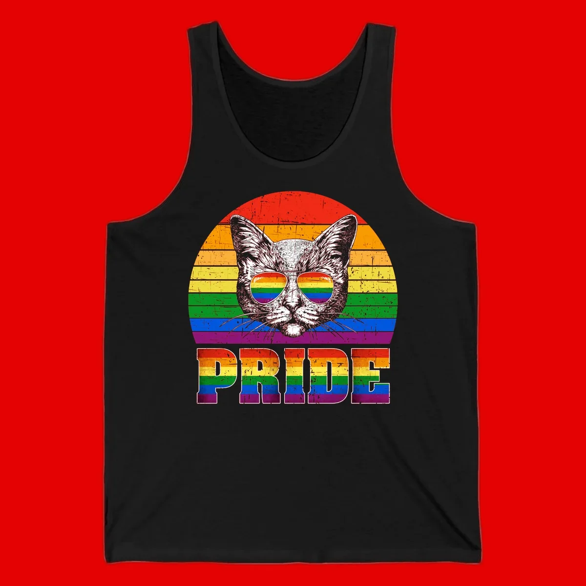 Illustration of a cool cat wearing rainbow-reflective sunglasses with the word PRIDE below, set against a rainbow striped background