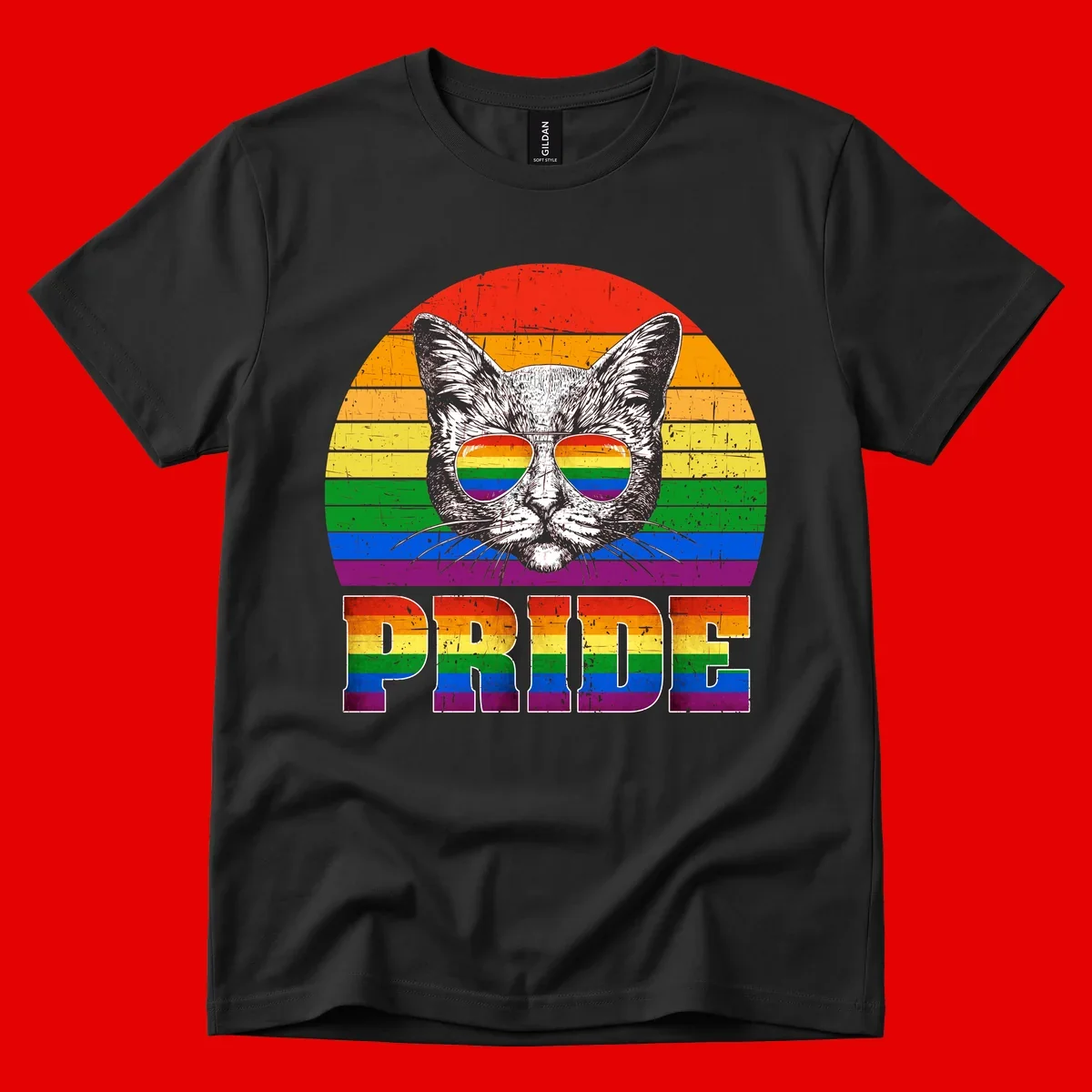 Illustration of a cool cat wearing rainbow-reflective sunglasses with the word PRIDE below, set against a rainbow striped background