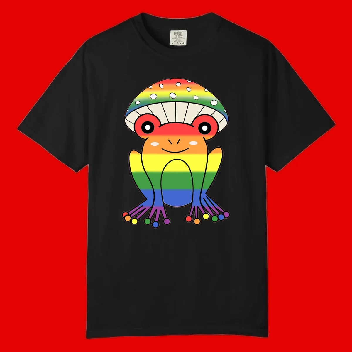 Cute rainbow mushroom character with spotted cap, large smiling eyes, and colorful gradient-filled body in pride colors