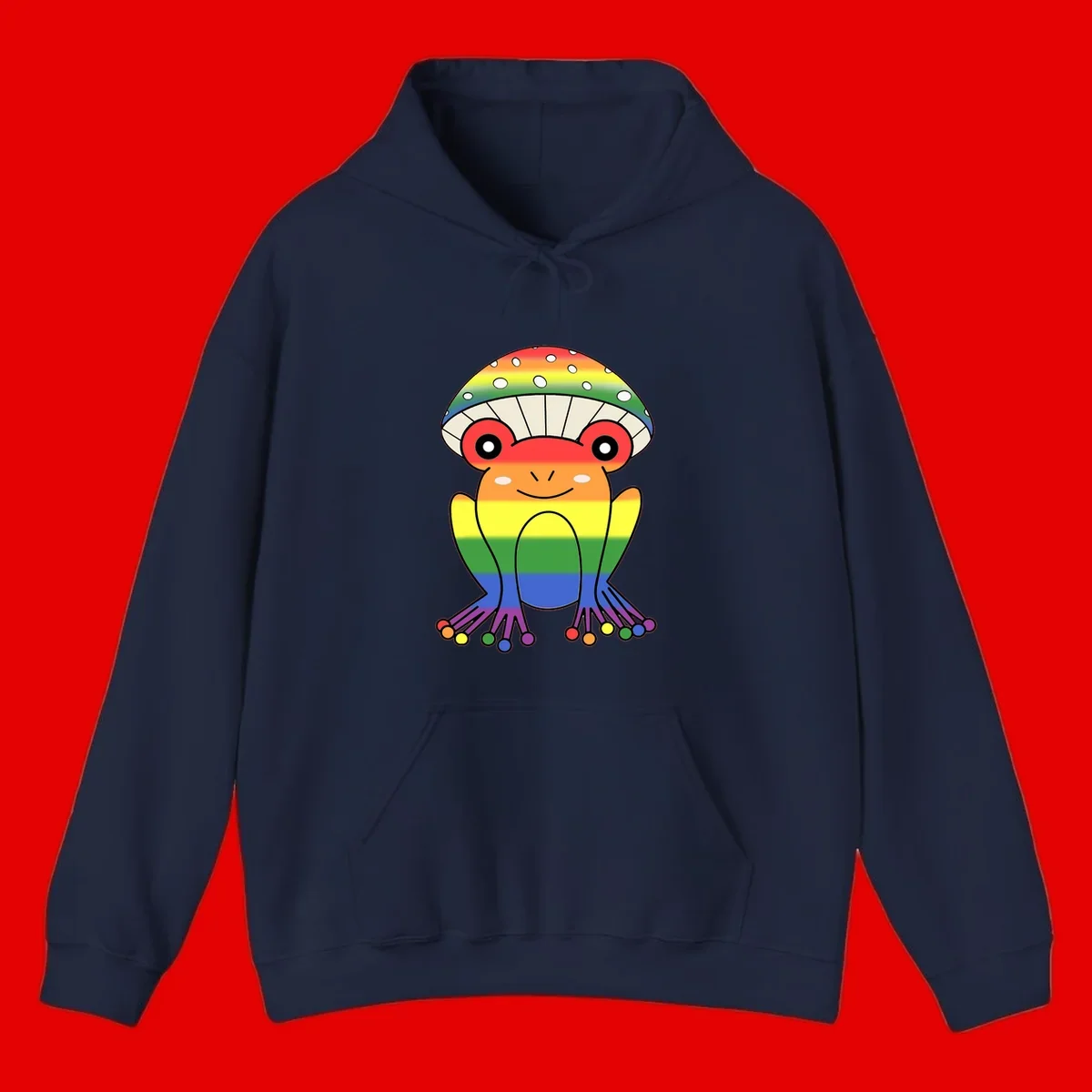Cute rainbow mushroom character with spotted cap, large smiling eyes, and colorful gradient-filled body in pride colors