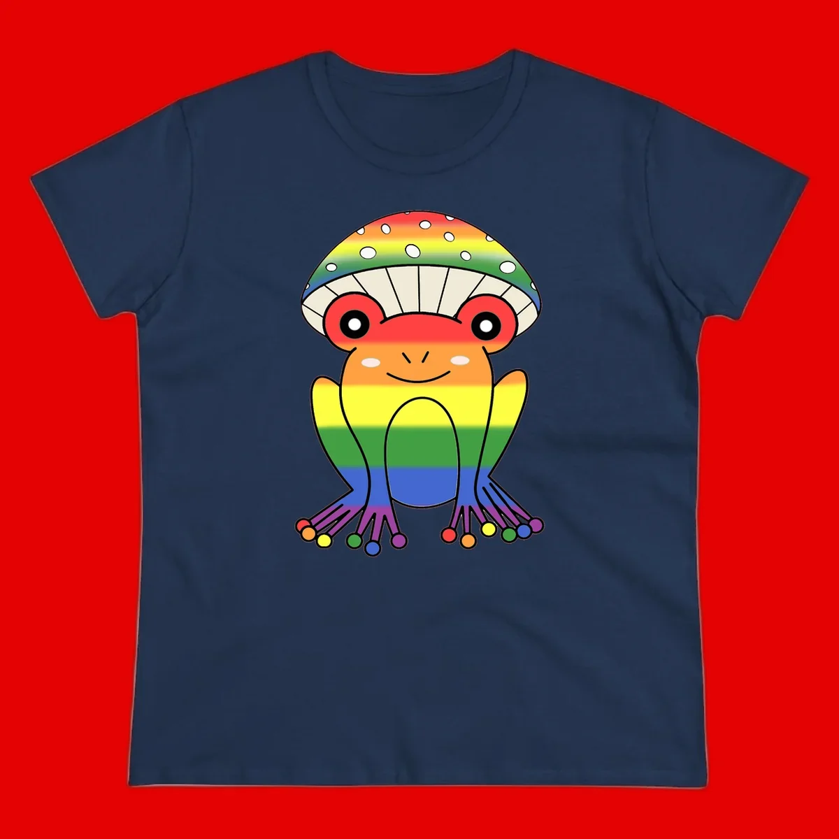 Cute rainbow mushroom character with spotted cap, large smiling eyes, and colorful gradient-filled body in pride colors