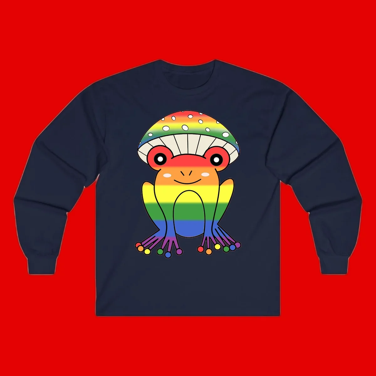 Cute rainbow mushroom character with spotted cap, large smiling eyes, and colorful gradient-filled body in pride colors