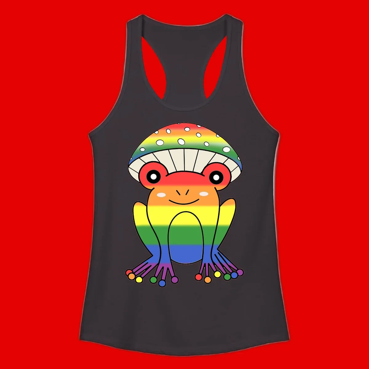 Cute rainbow mushroom character with spotted cap, large smiling eyes, and colorful gradient-filled body in pride colors