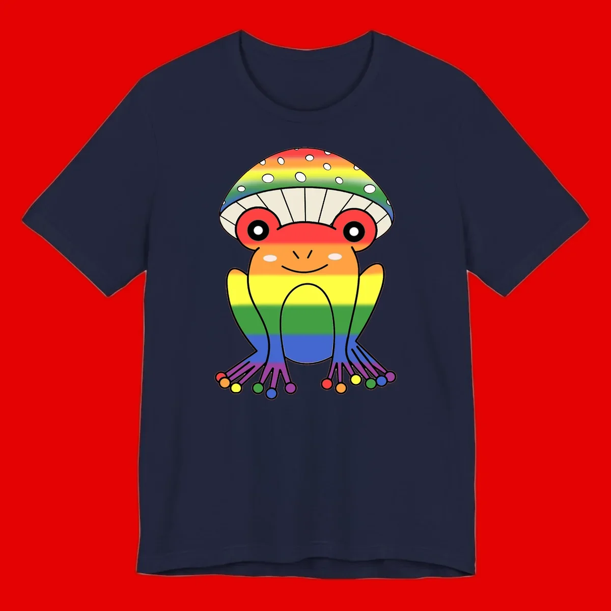 Cute rainbow mushroom character with spotted cap, large smiling eyes, and colorful gradient-filled body in pride colors
