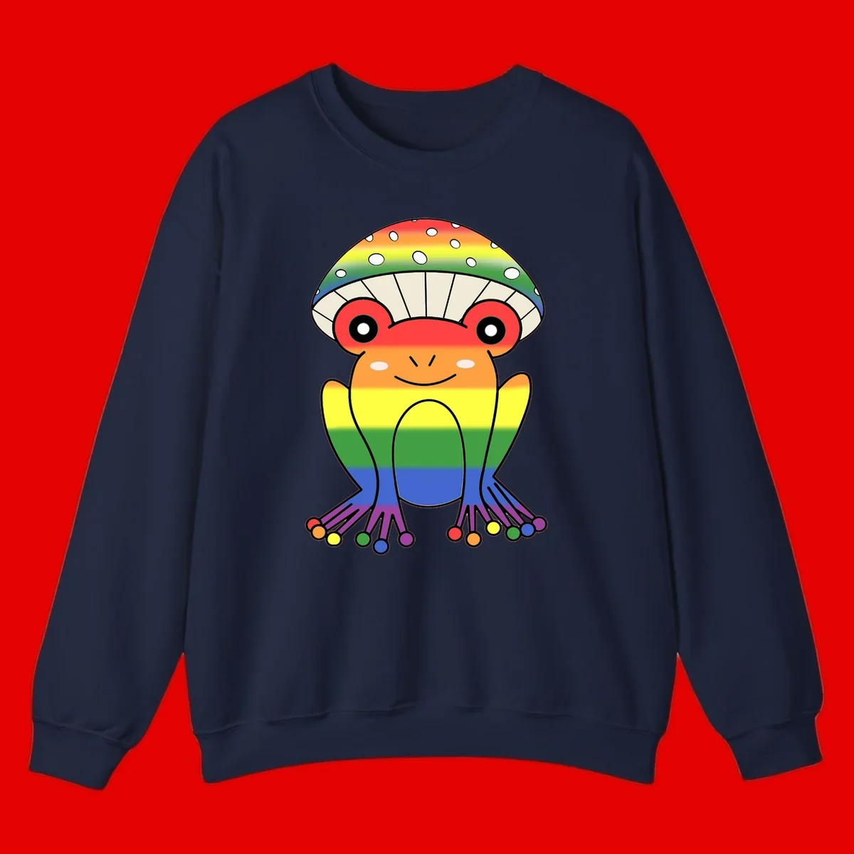 Cute rainbow mushroom character with spotted cap, large smiling eyes, and colorful gradient-filled body in pride colors