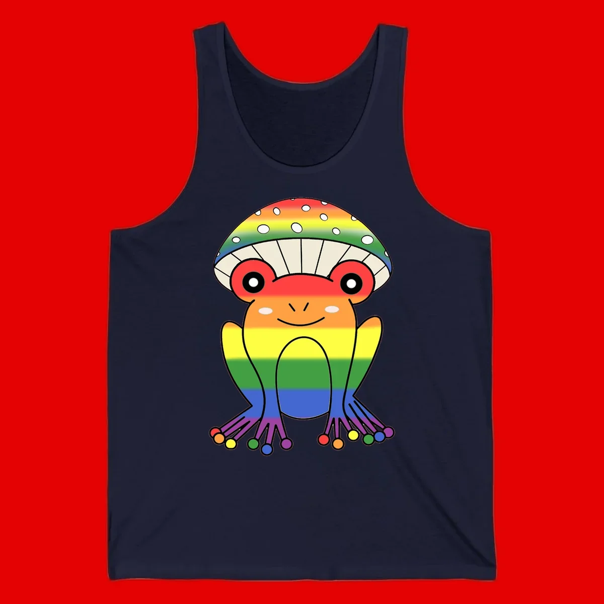 Cute rainbow mushroom character with spotted cap, large smiling eyes, and colorful gradient-filled body in pride colors