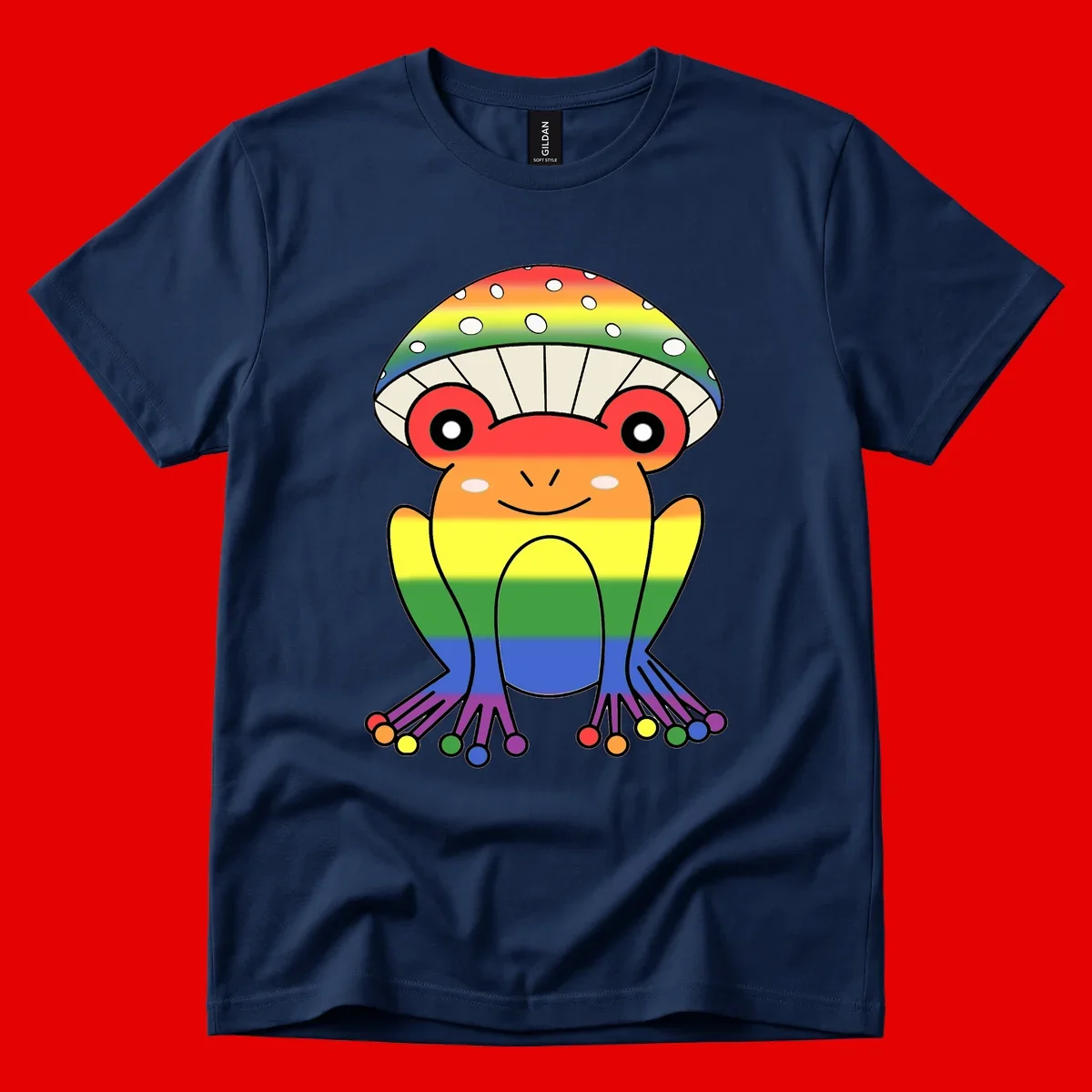 Cute rainbow mushroom character with spotted cap, large smiling eyes, and colorful gradient-filled body in pride colors