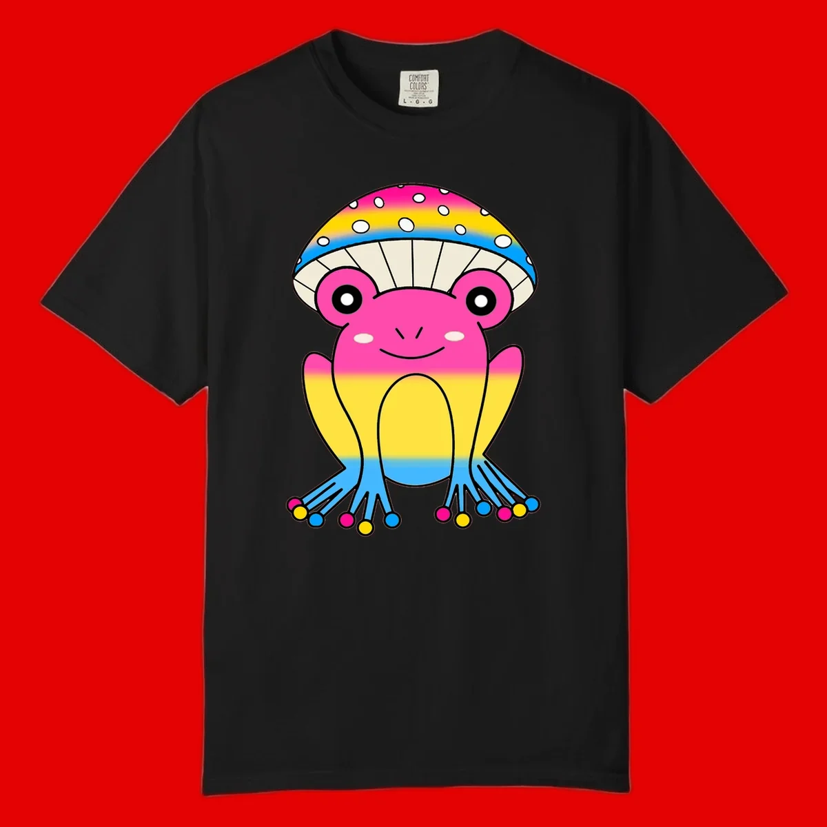 Smiling rainbow jellyfish character with magenta body, gradient stripes, large eyes, and colorful polka-dot tentacles